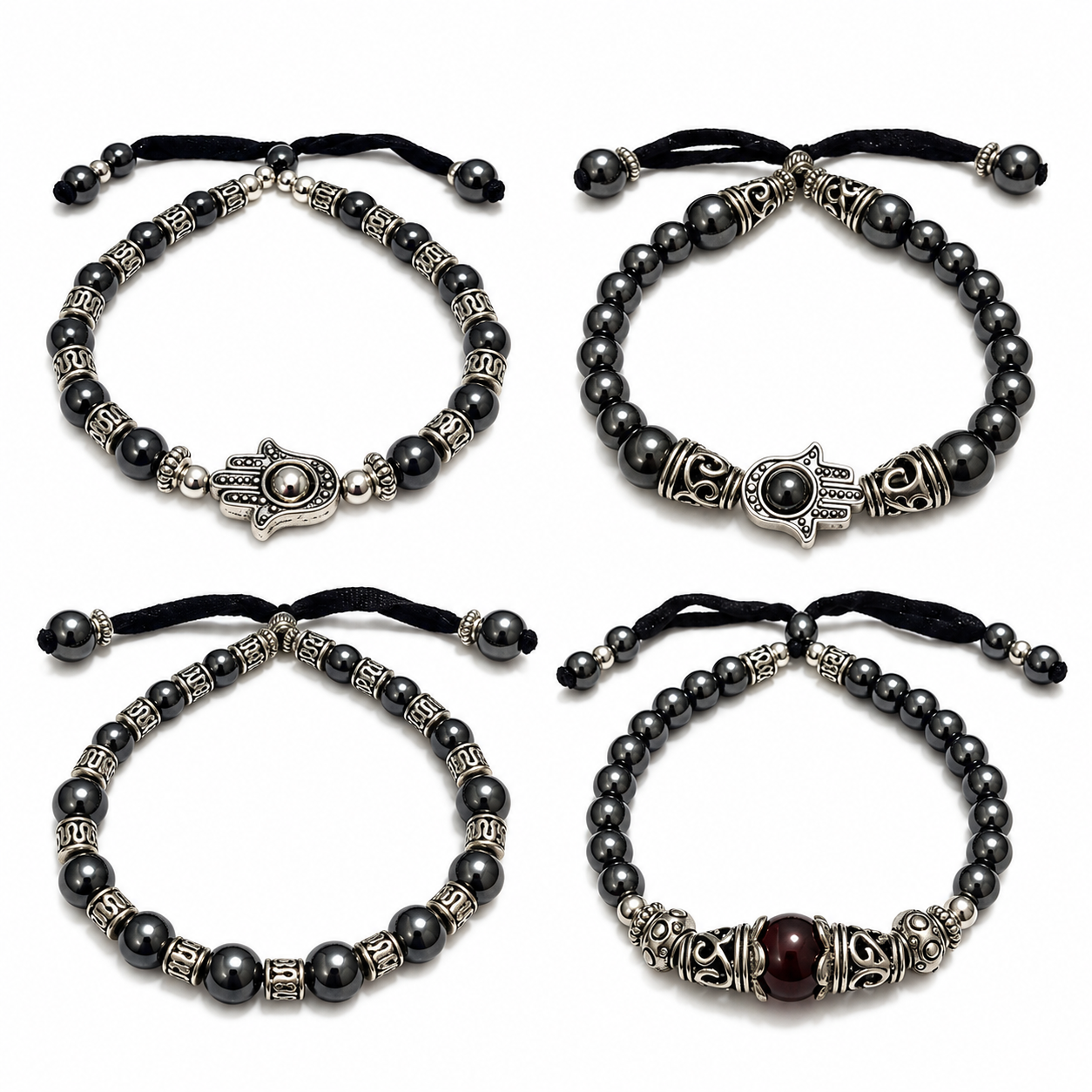 Amazigh Berber Hamsa Hematite Bracelet with Adjustable Cord