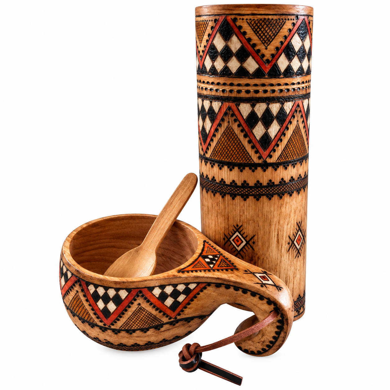 Amazigh Berber Hand Painted Tea Canister Wooden Cup Set