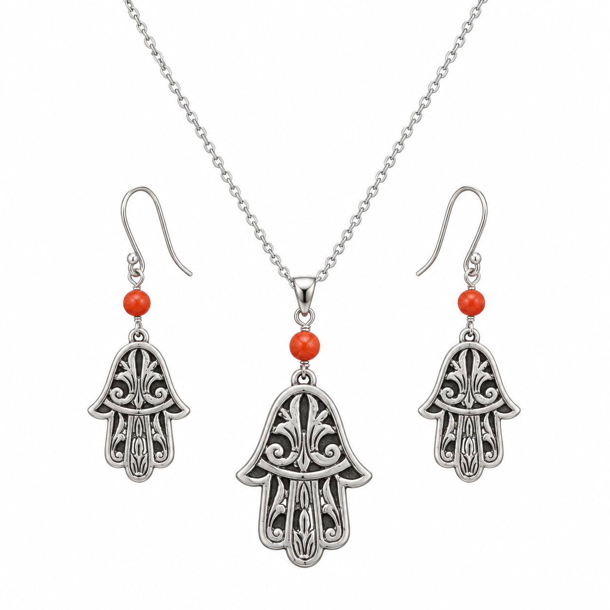 Amazigh Berber Khomsa Jewelry Set with Necklace Earrings Coral