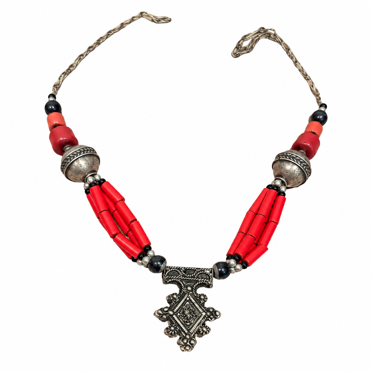 Amazigh Berber Louban Beaded Necklace with Agate Silver Details