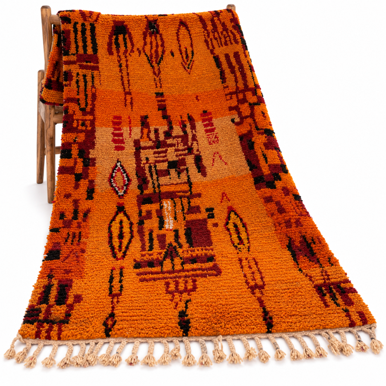 Amazigh Berber Orange Wool Rug Handmade Bohemian Geometric Design
