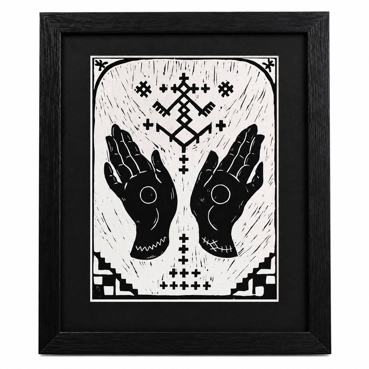 Amazigh Berber Palme and Protective Hands Linocut Print