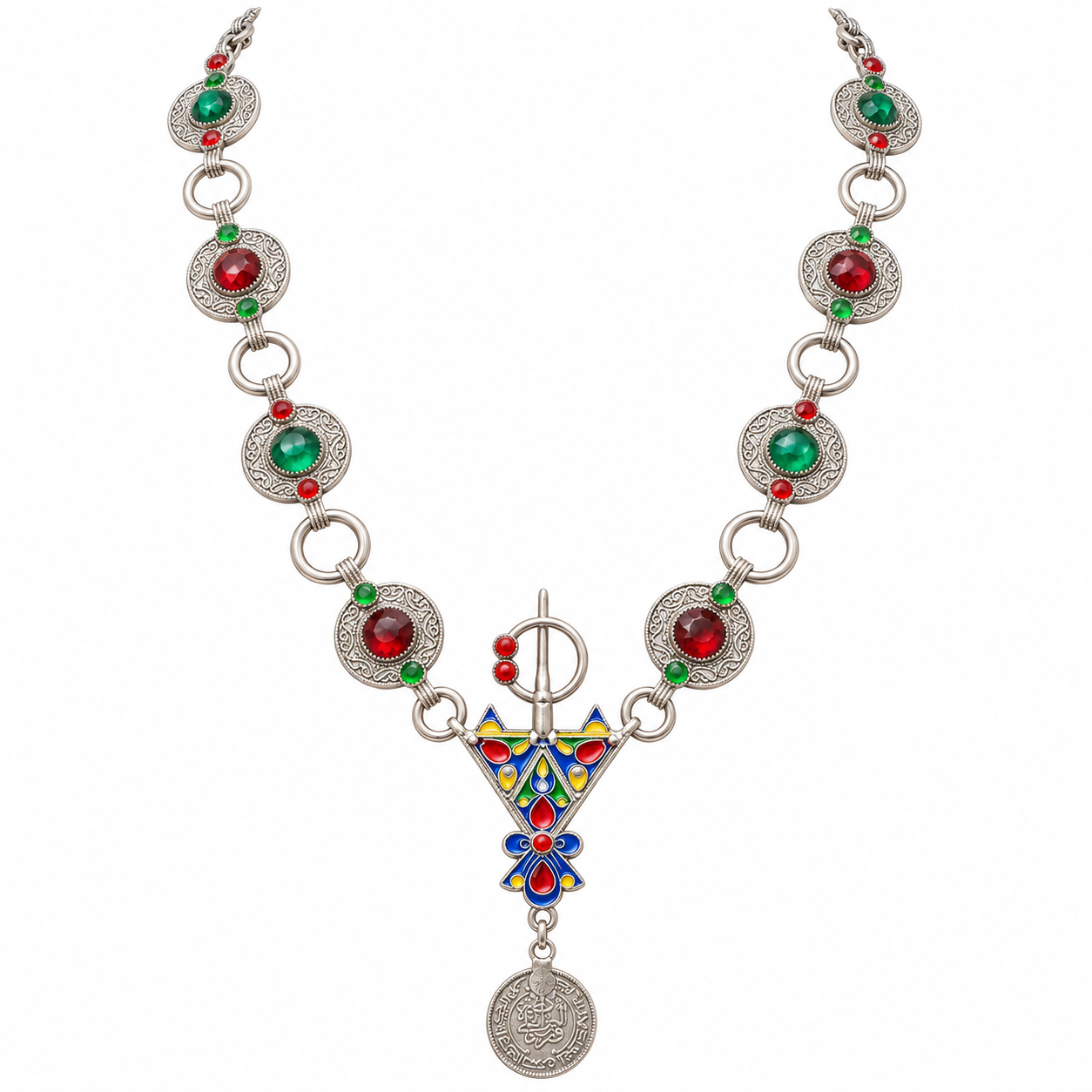 Amazigh Berber Red Green Stone Enamel Pendant Statement Necklace