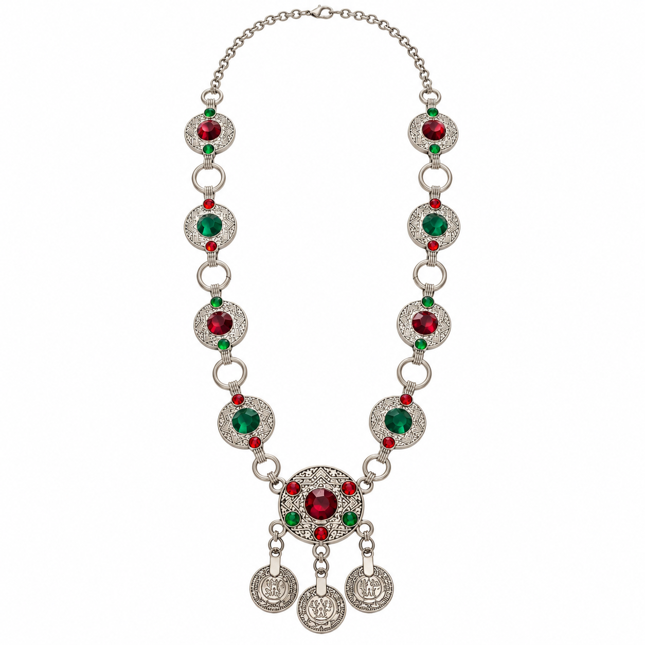 Amazigh Berber Red Green Stone Statement Necklace with Silver Tone Medallions