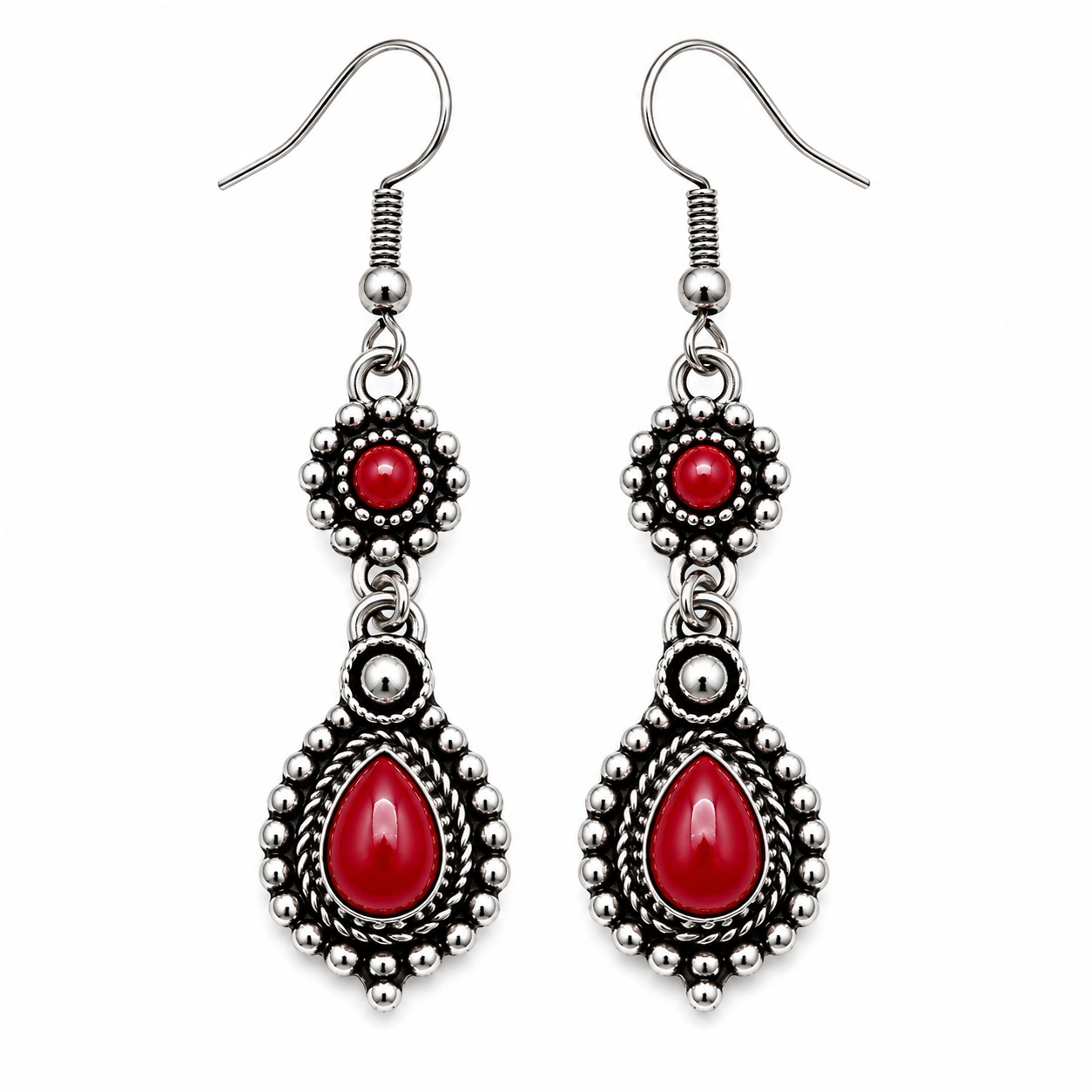 Amazigh Berber Red Teardrop Dangle Earrings Vintage Boho Jewelry