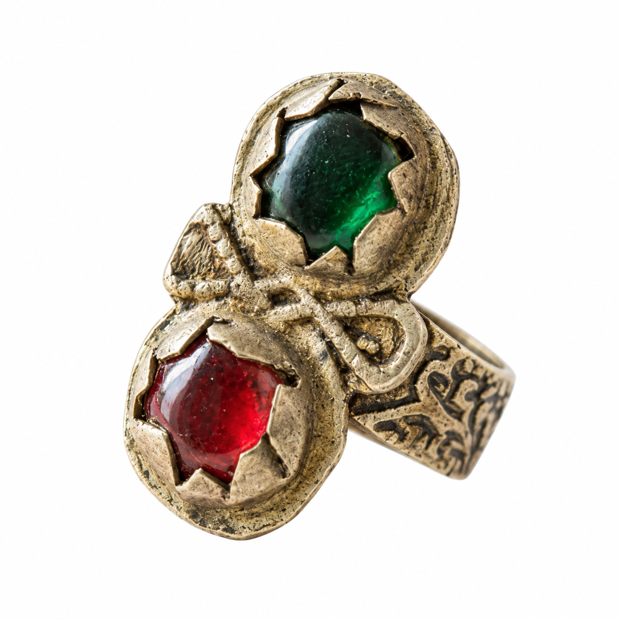 Amazigh Berber Silver Ring with Green Red Cabochon Stones