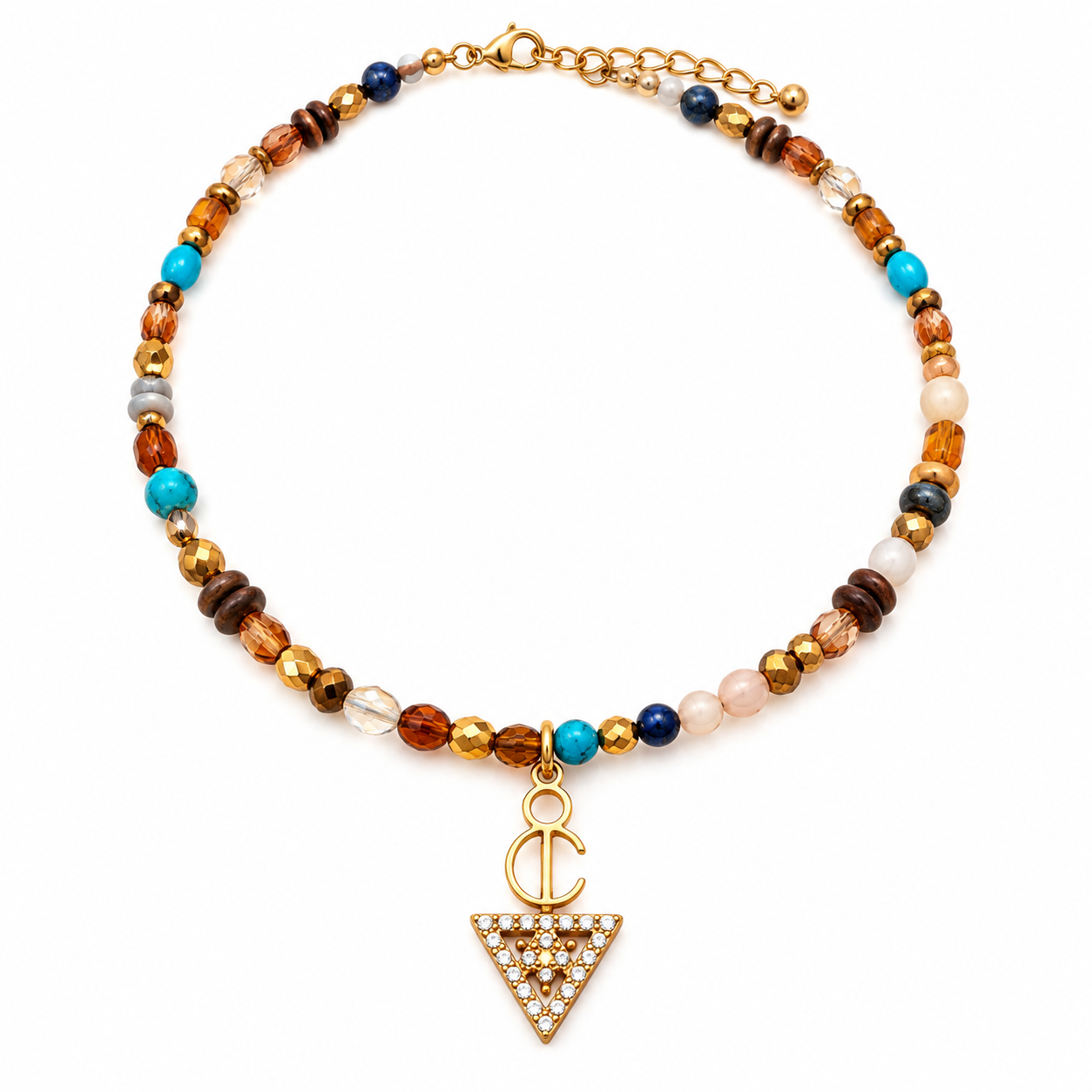 Amazigh Berber Tizerzit pierres Necklace with Natural Stones and Fibule Pendant