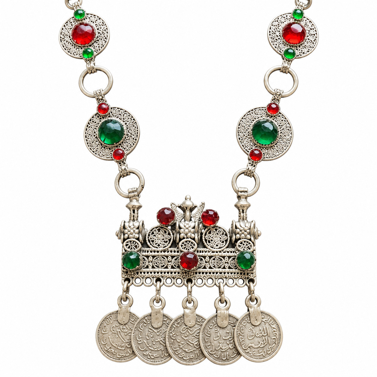 Amazigh Berber Traditional Pendant Necklace with Red Green Stones