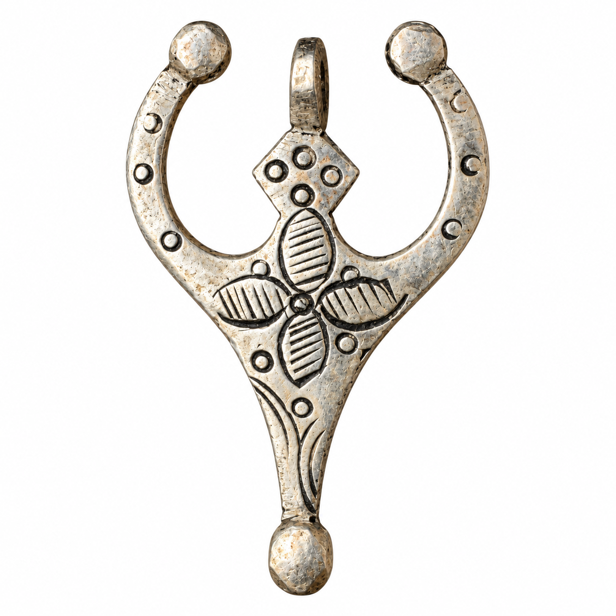 Amazigh Berber Tuareg Cross Pendant Necklace with Engraved Silver-Tone Amulet