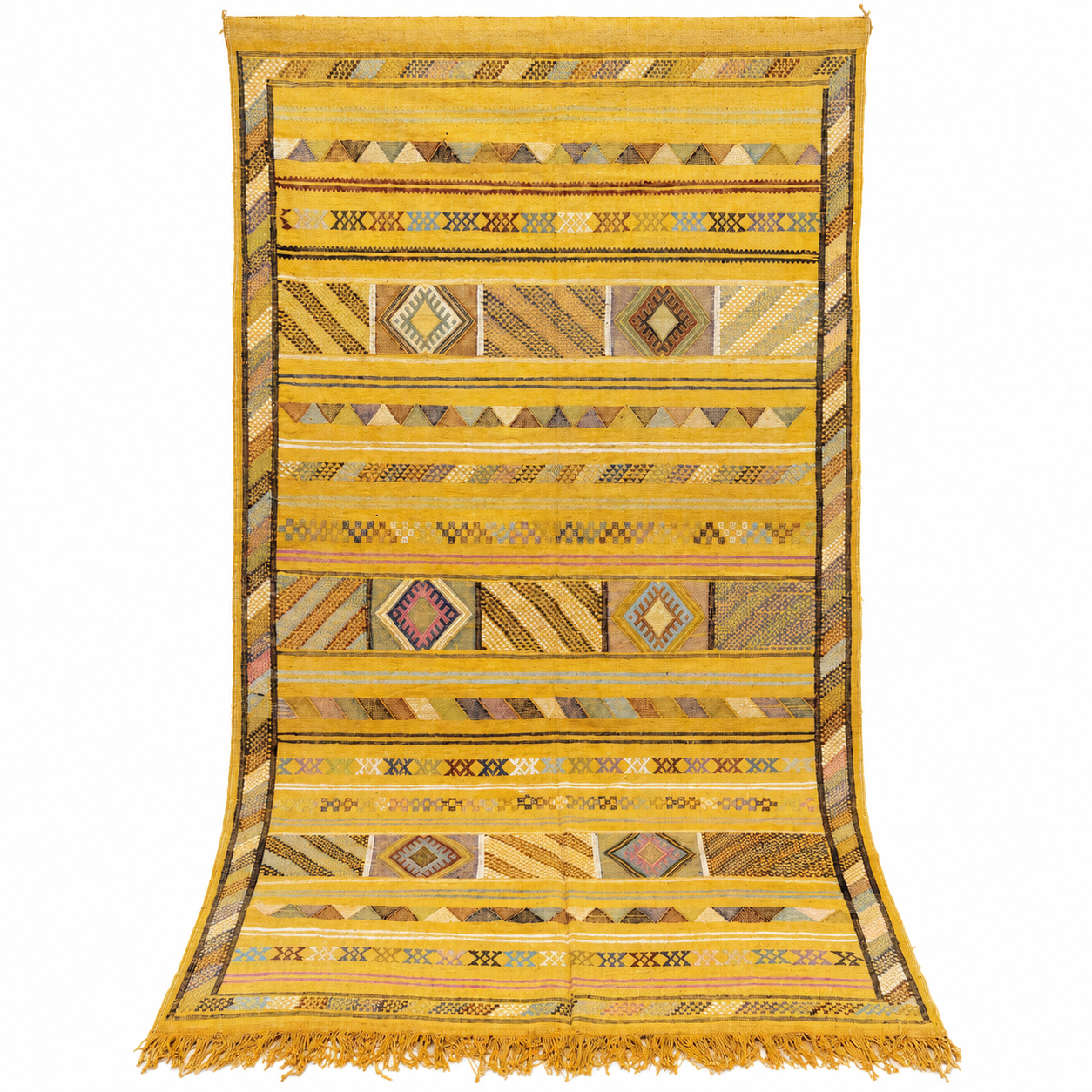 Amazigh Berber Yellow Sabra Kilim Rug with Diamond Motifs