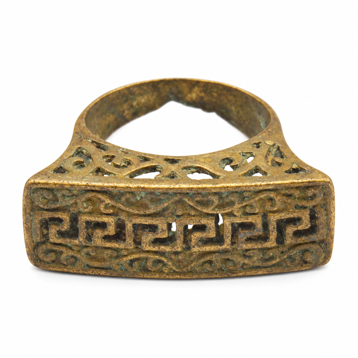 Amazigh Handmade Brass Ring with Geometric Engraved Aged Finish