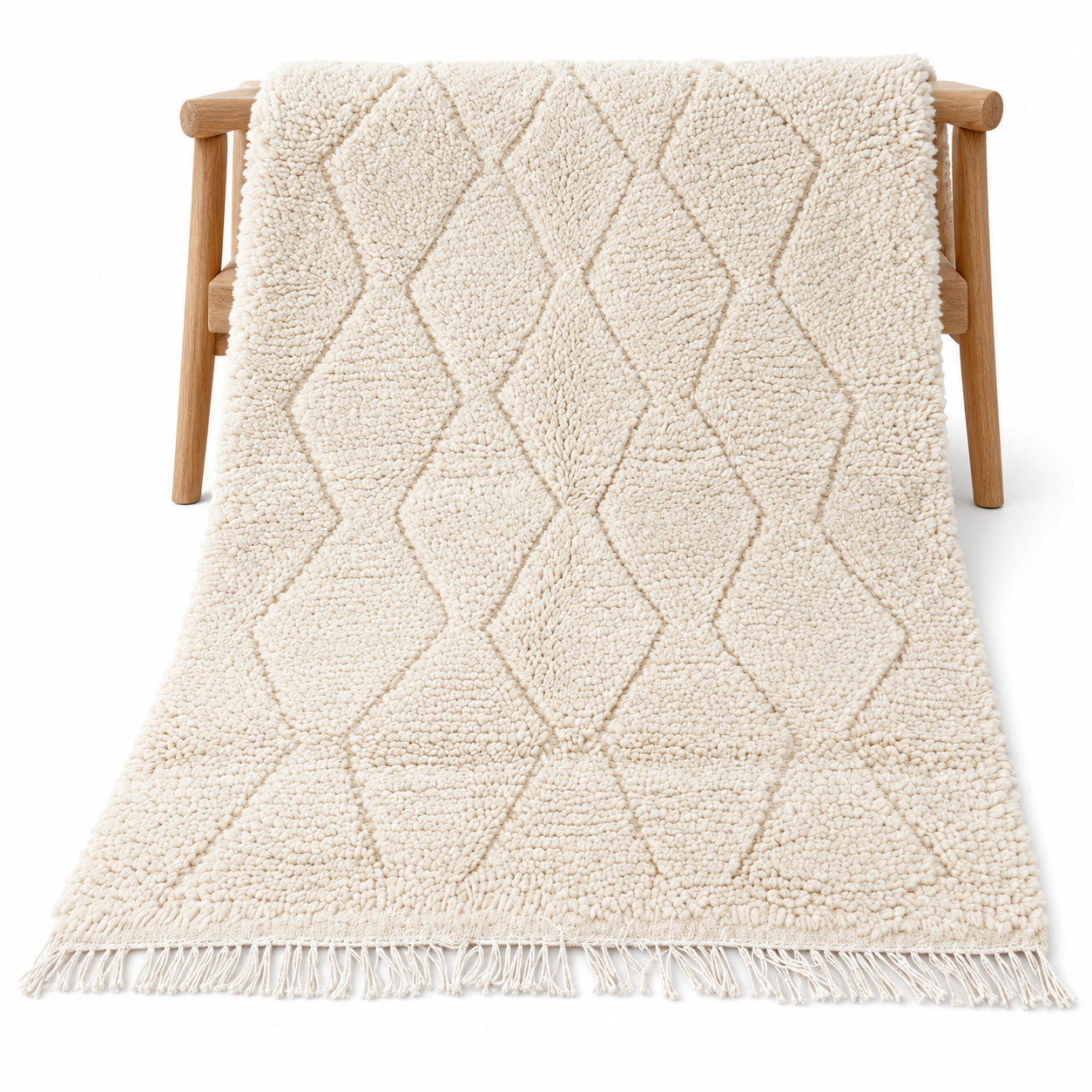 Amazigh Handwoven Cream Wool Rug with Raised Diamond Texture