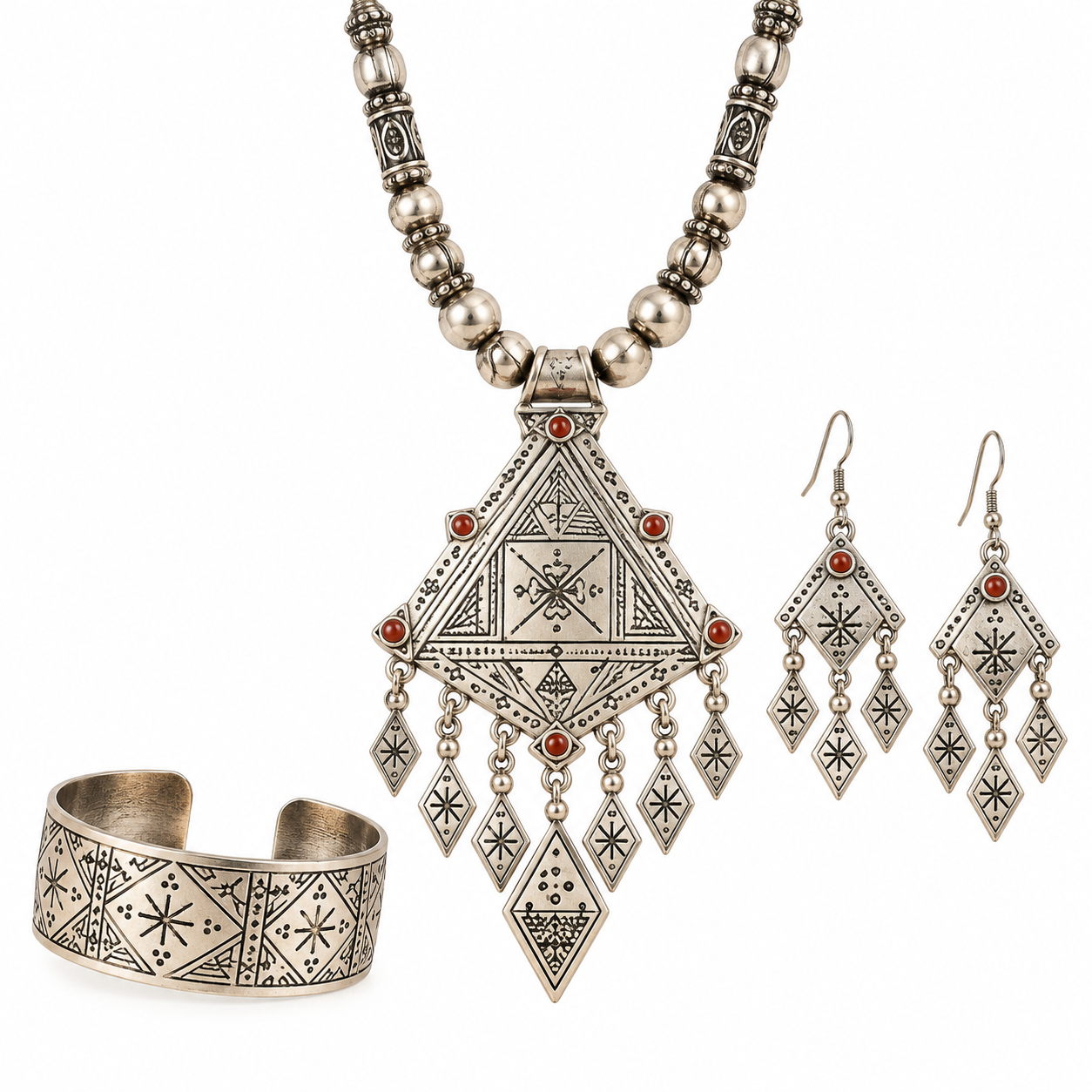 Amazigh Jewelry Set with Earrings and Bracelet Mediterranean Mint Design