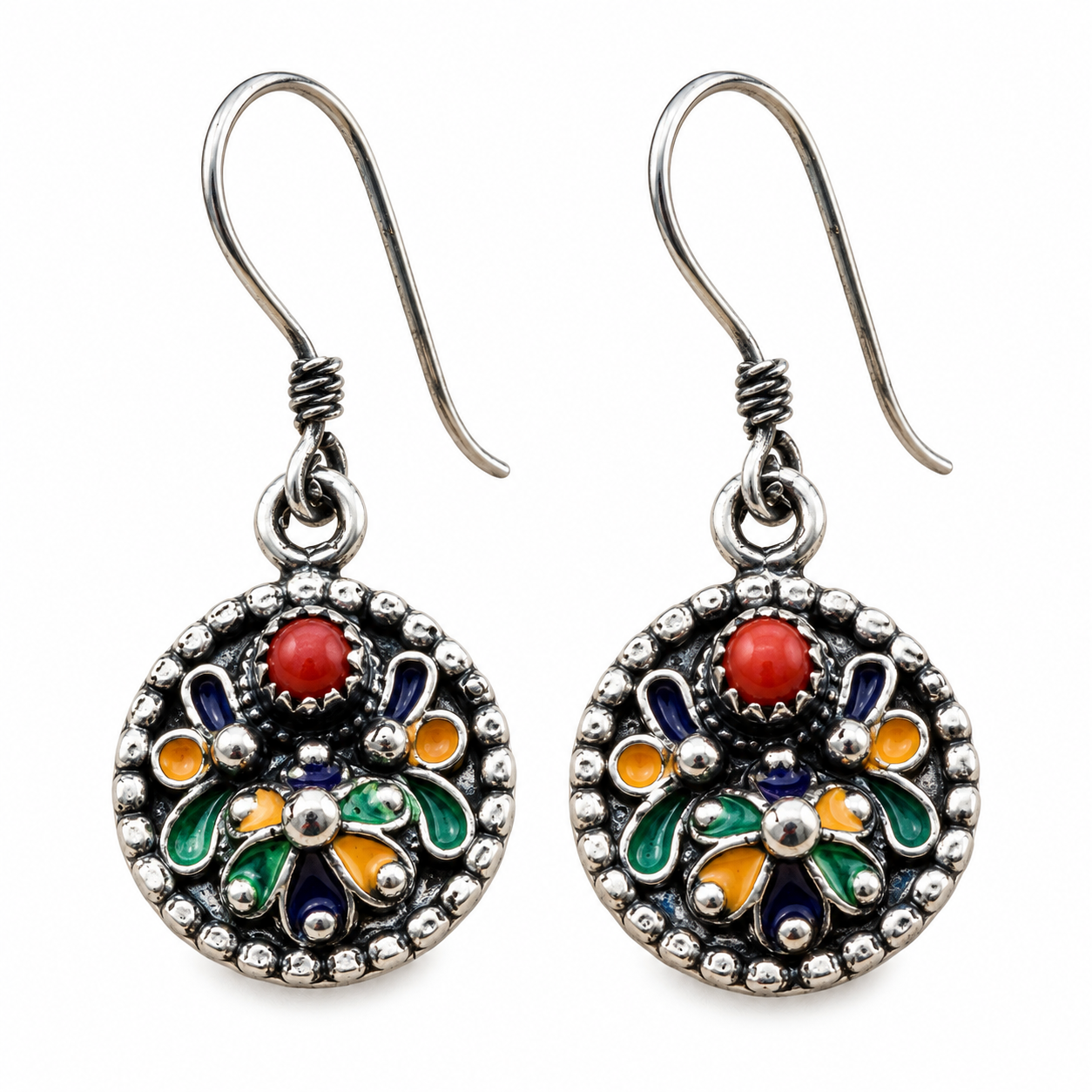 Amazigh Kabyle Earrings with Koralle and Emaille Silver Details