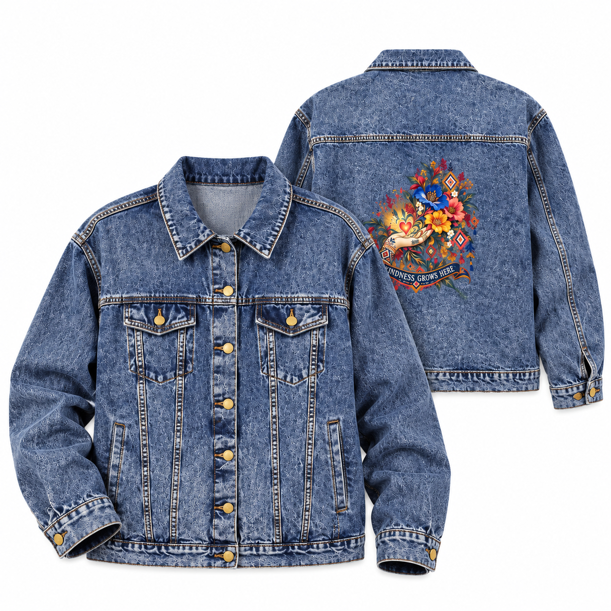 Amazigh Kindness Grows Here Denim Jacket Floral Back Print