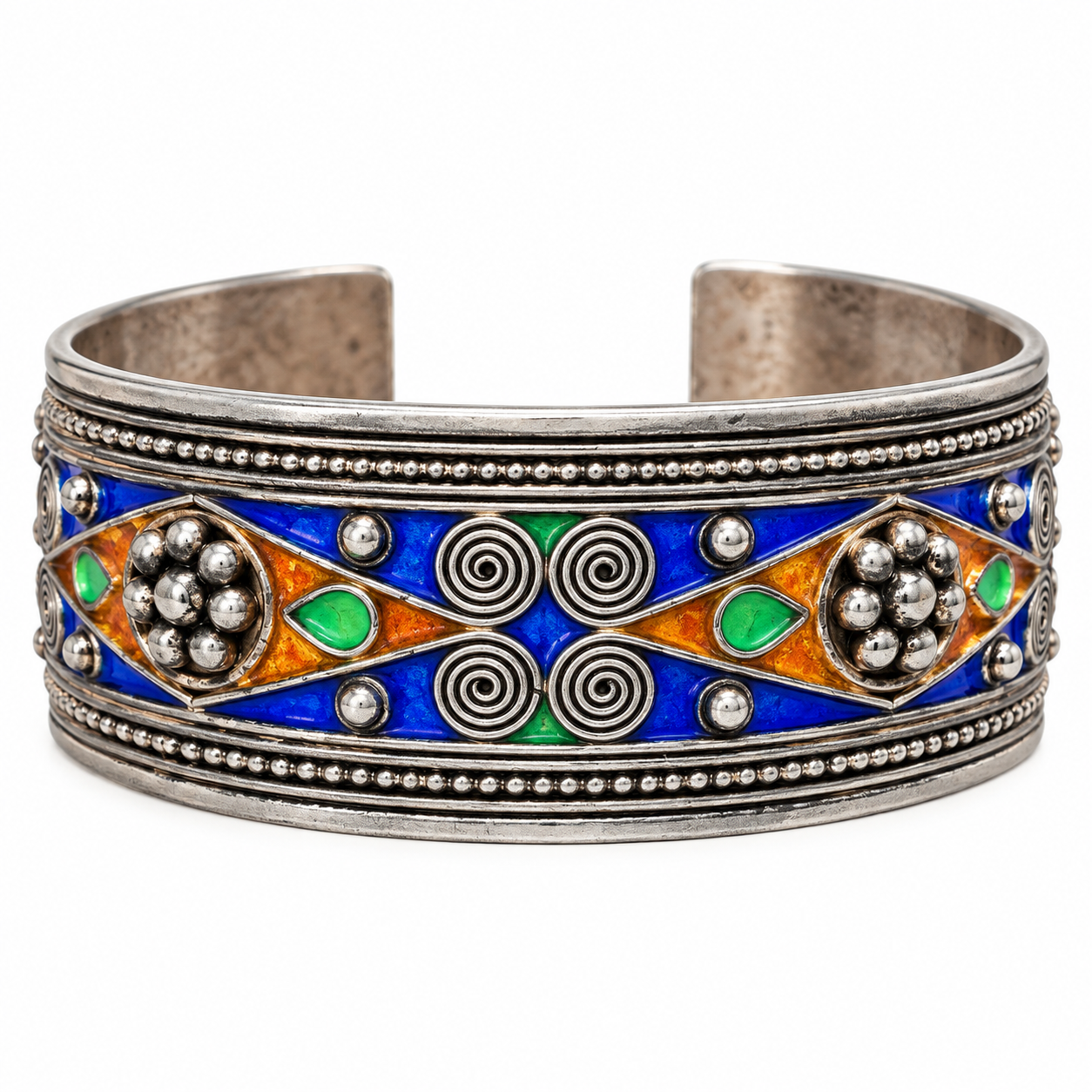Amazigh North African Enamel Cuff Sterling Silver Bracelet