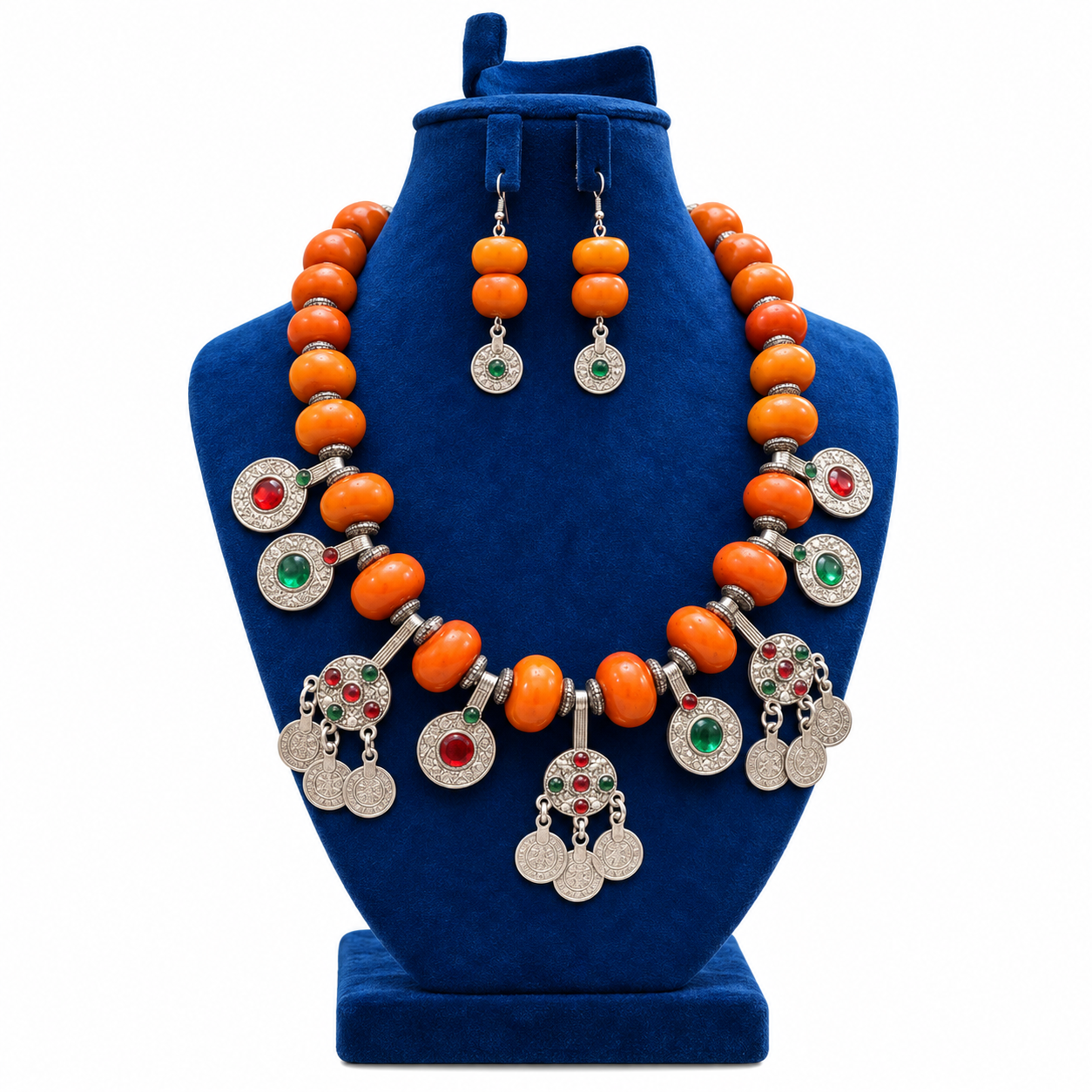Amazigh Orange Beaded Berber Necklace with Tiznit Pendants