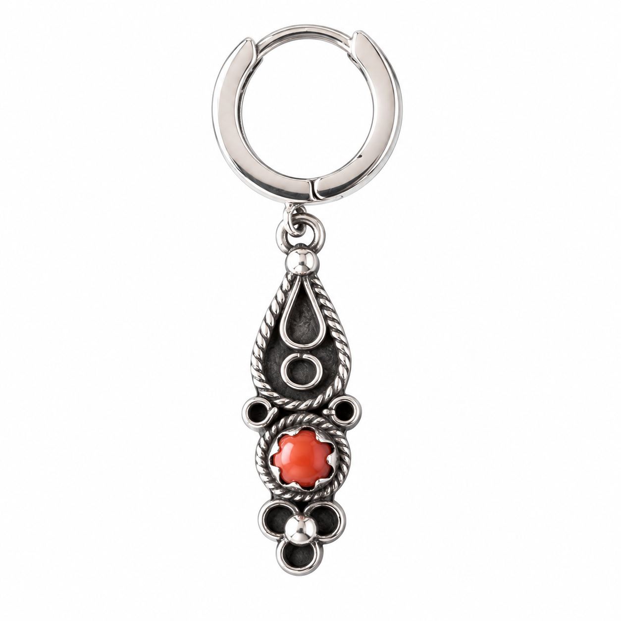 Amazigh Red Stone Drop Huggie Earrings Sterling Hoop Single Charm