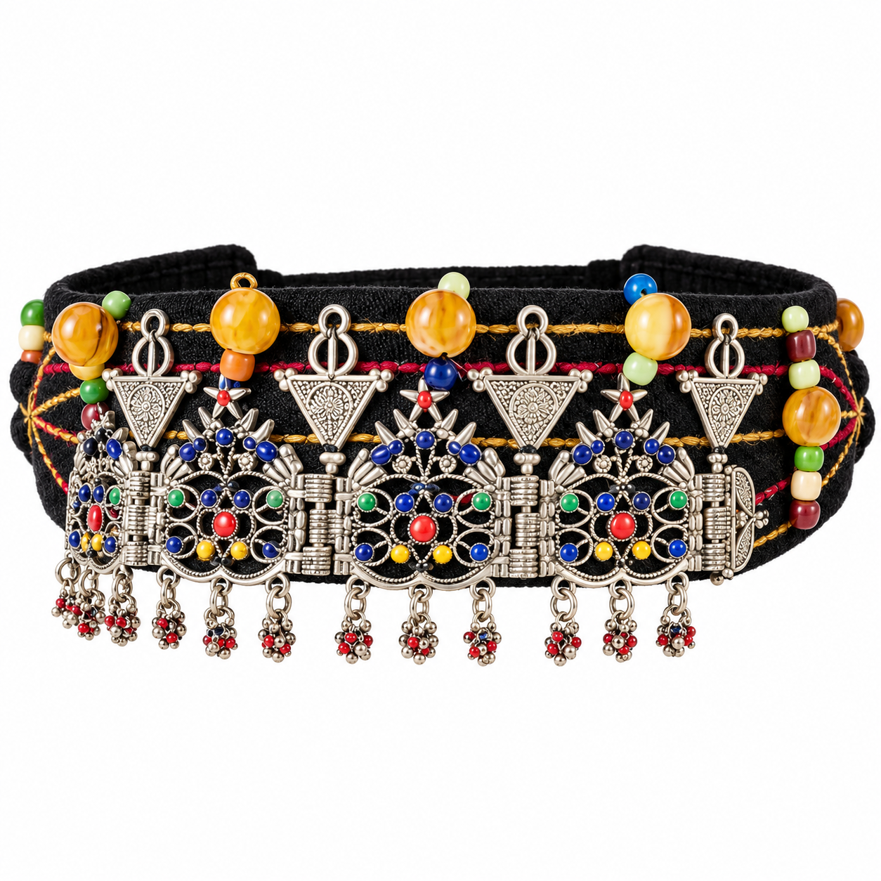 Amazigh Tachdadt Souss Headband with Synthetic Amber Beads Silver Tone Headpiece