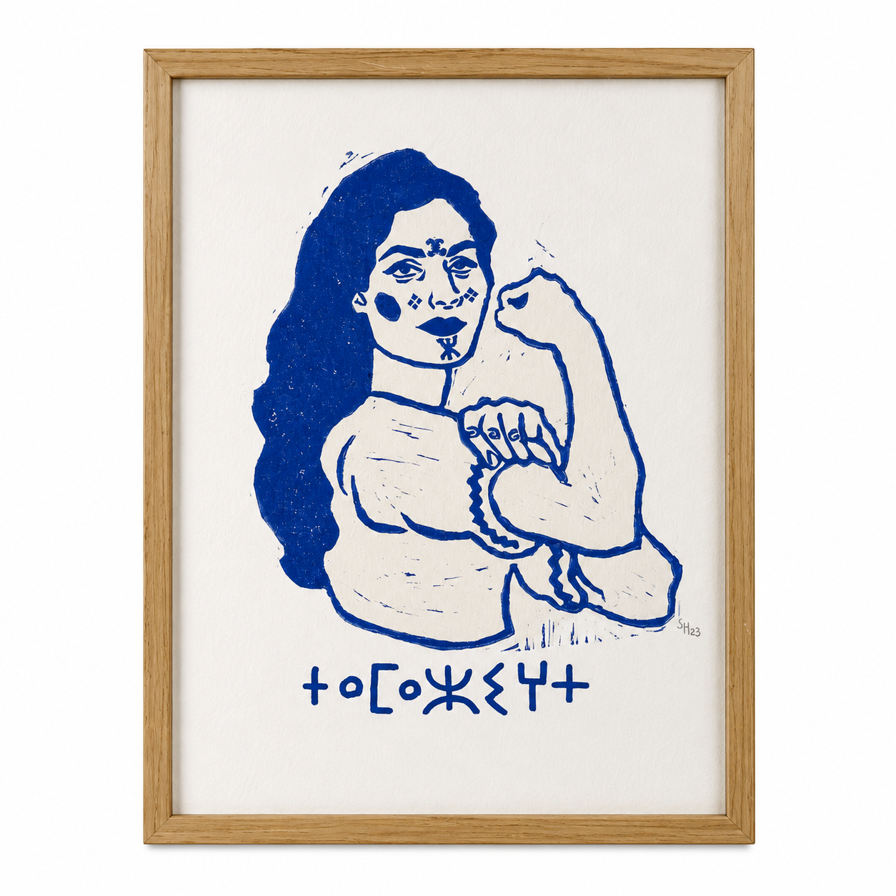Amazigh Tamazight Blue Feminist Linocut Wall Art Poster