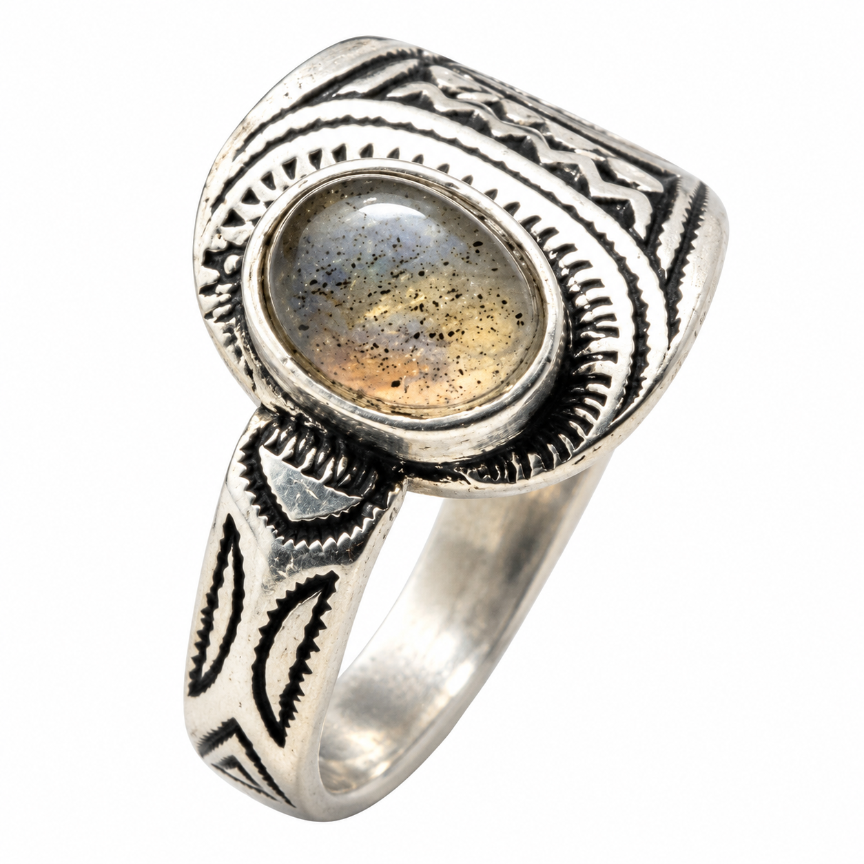 Amazigh Tuareg Artisanat chevalière Ring with massif Silver Labradorite Design