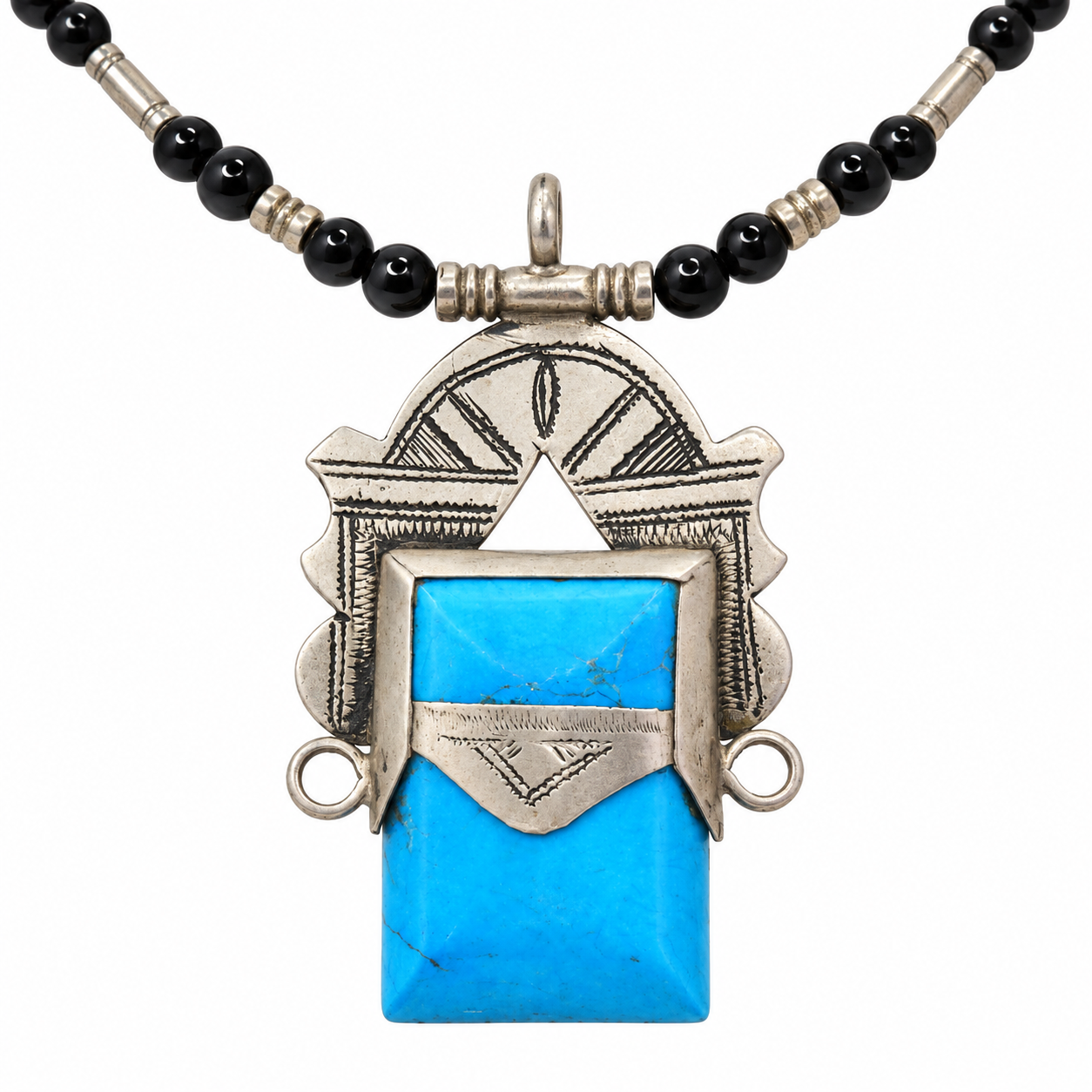 Amazigh Tuareg Berber Turquoise Pendant Black Bead Necklace