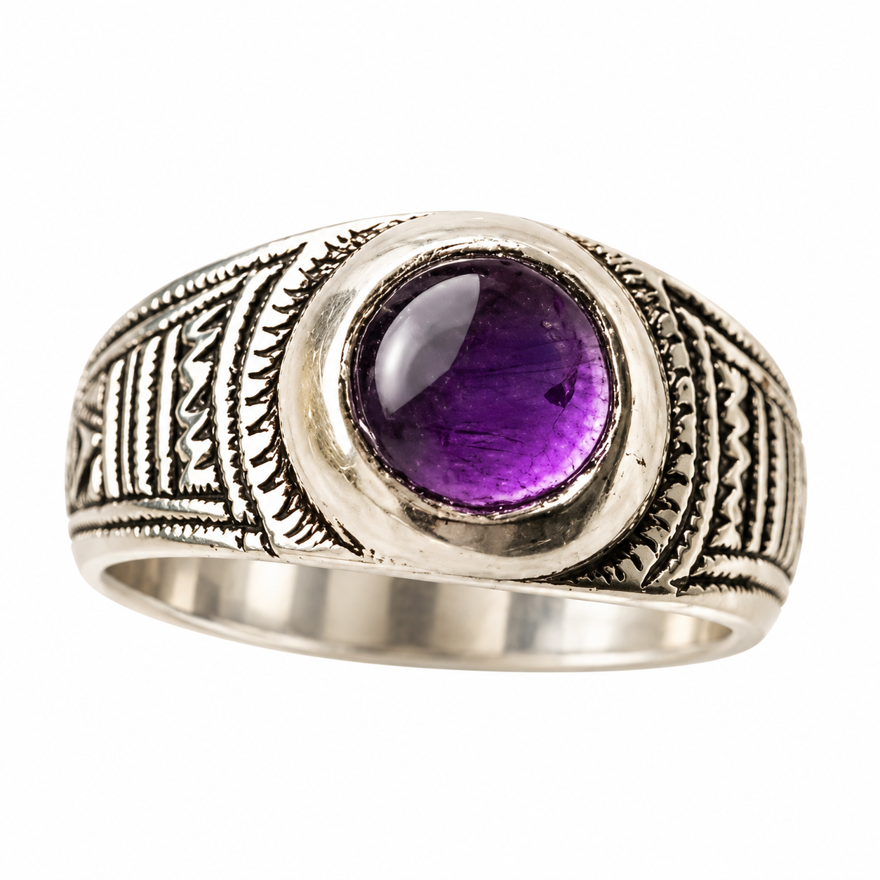Amazigh Tuareg chevalière Artisanat massif Silver Ring with Amethyst Cabochon