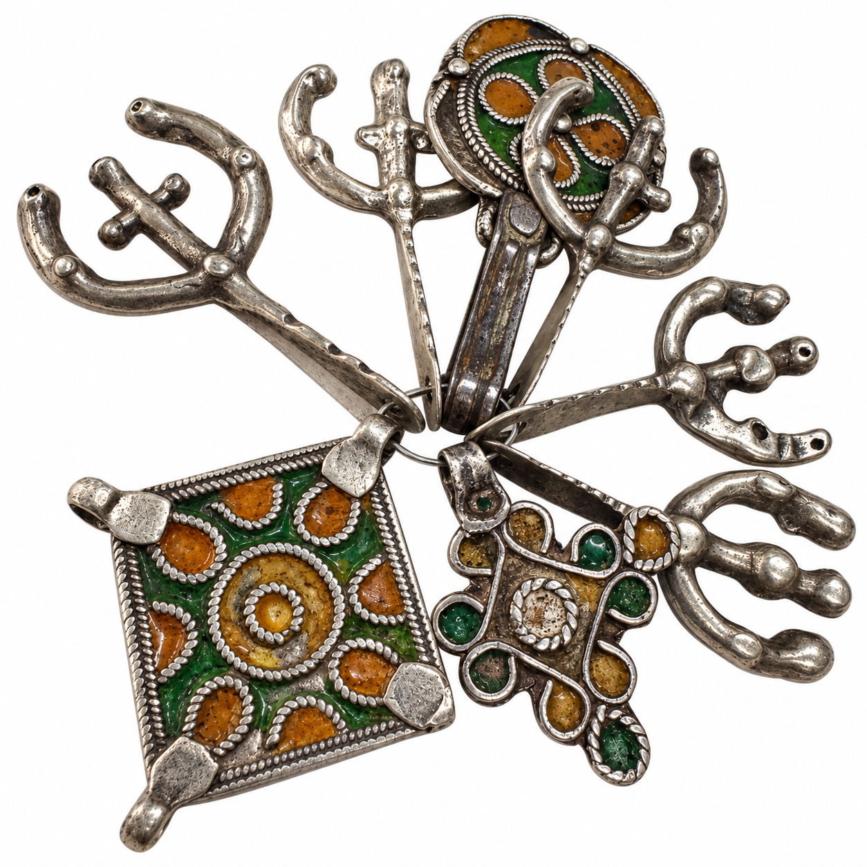 Antique Amazigh Berber Enamel Silver Pendant Necklace with Eight Pendants