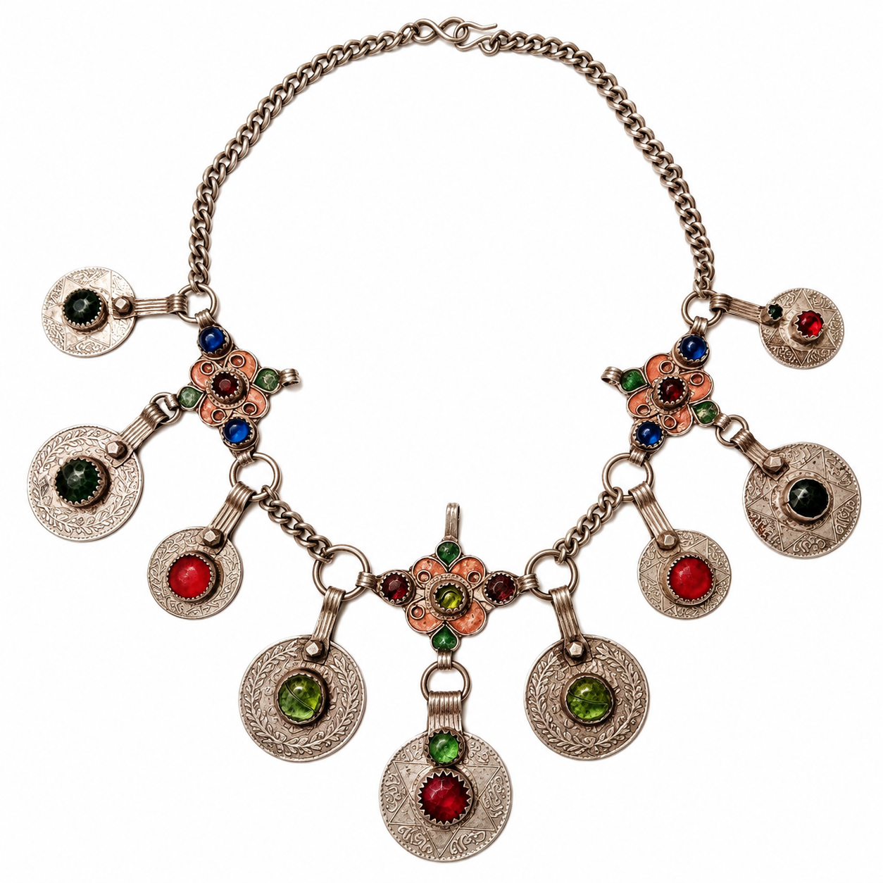 Antique Amazigh Berber Silver Coins Enamel Necklace Jewelry