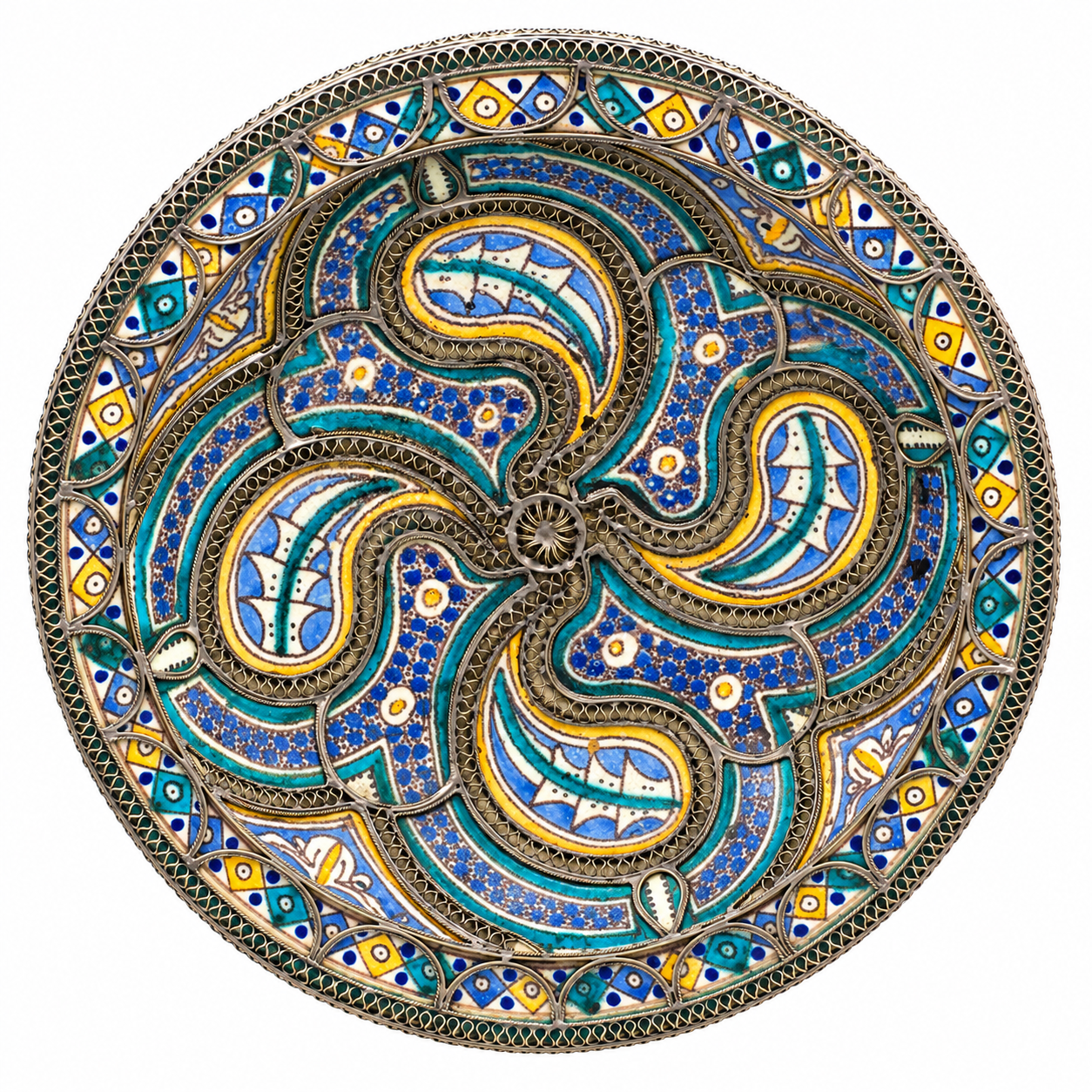 Antique Berber Amazigh Ceramic Plate with Silver Filigree