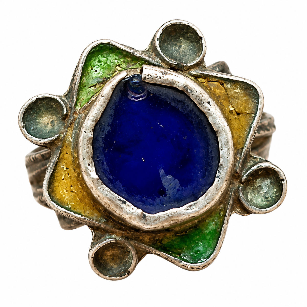 Antique Berber Amazigh Enamel Silver Ring with Blue Glass Detail