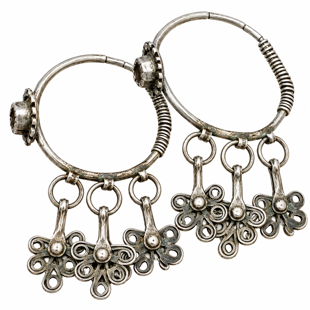 Antique Berber Amazigh Silver Earrings With Old Glass Details