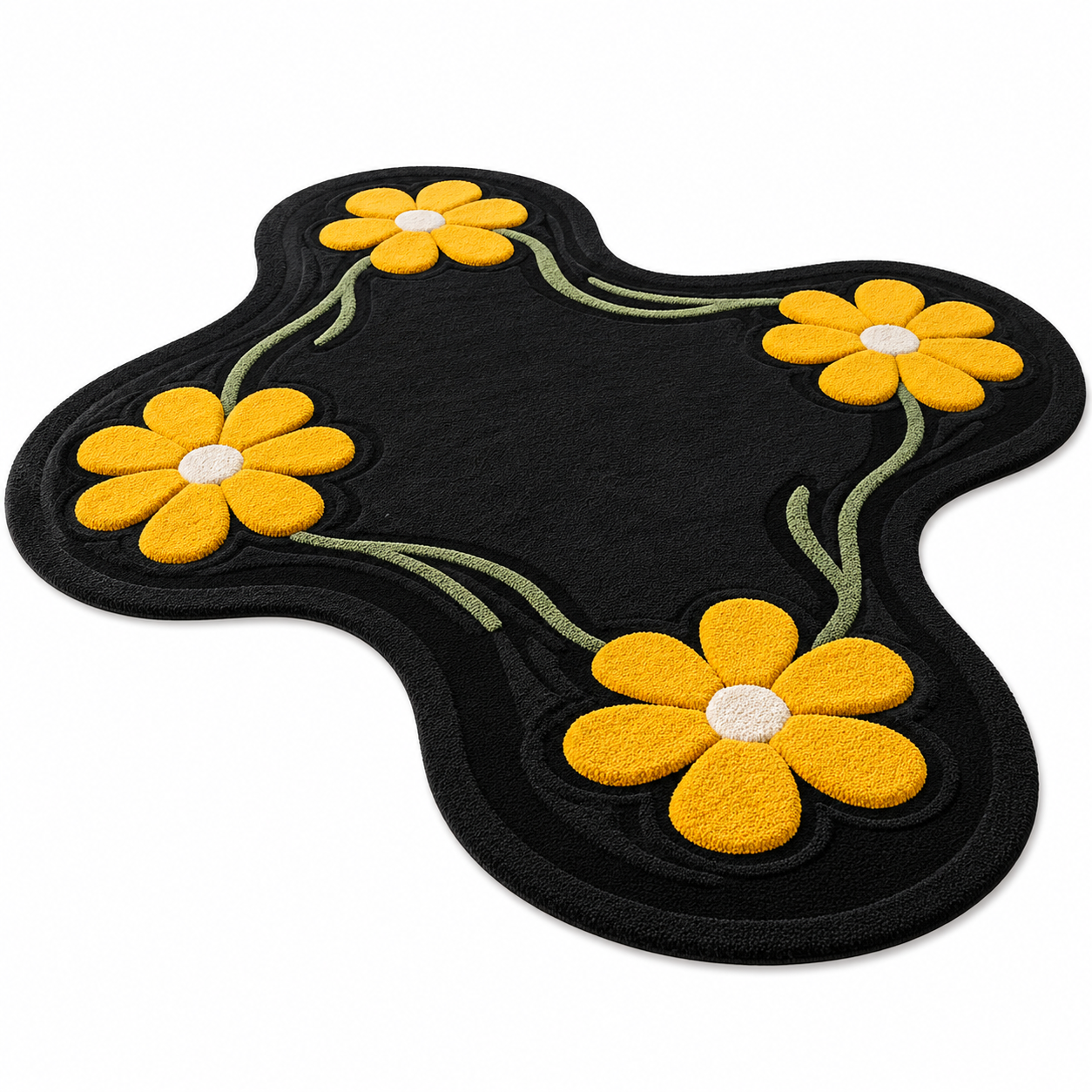 Berber Abstract Handmade Floral Wool Rug Black Yellow Daisy Carpet