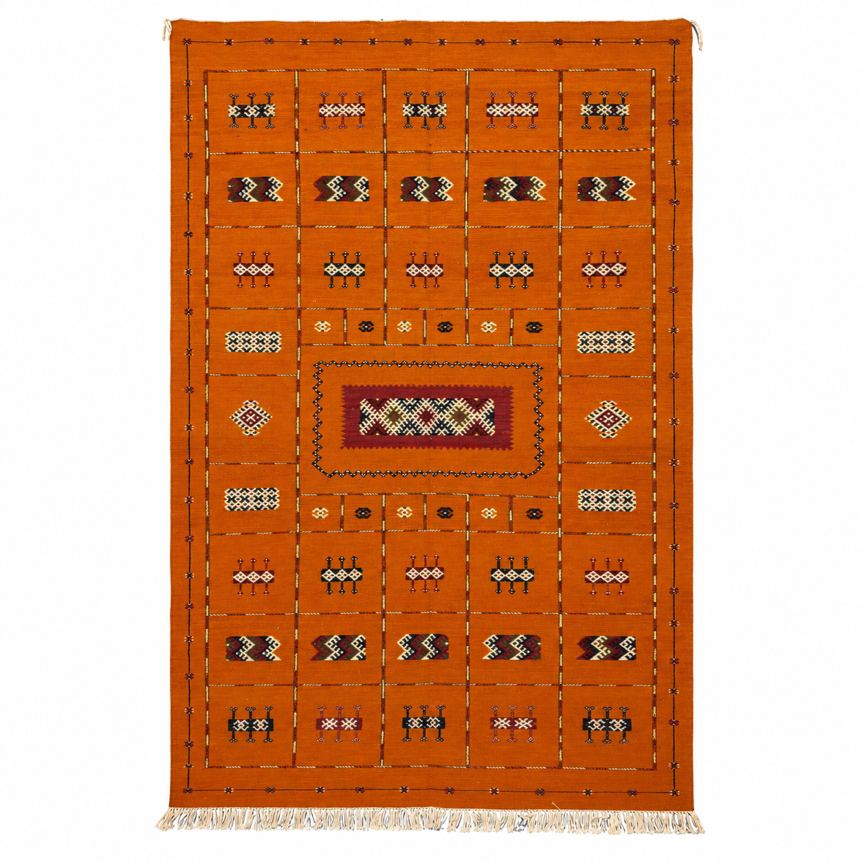 Berber Amazigh Akhnnif Orange Wool Flatweave Rug Handmade Design
