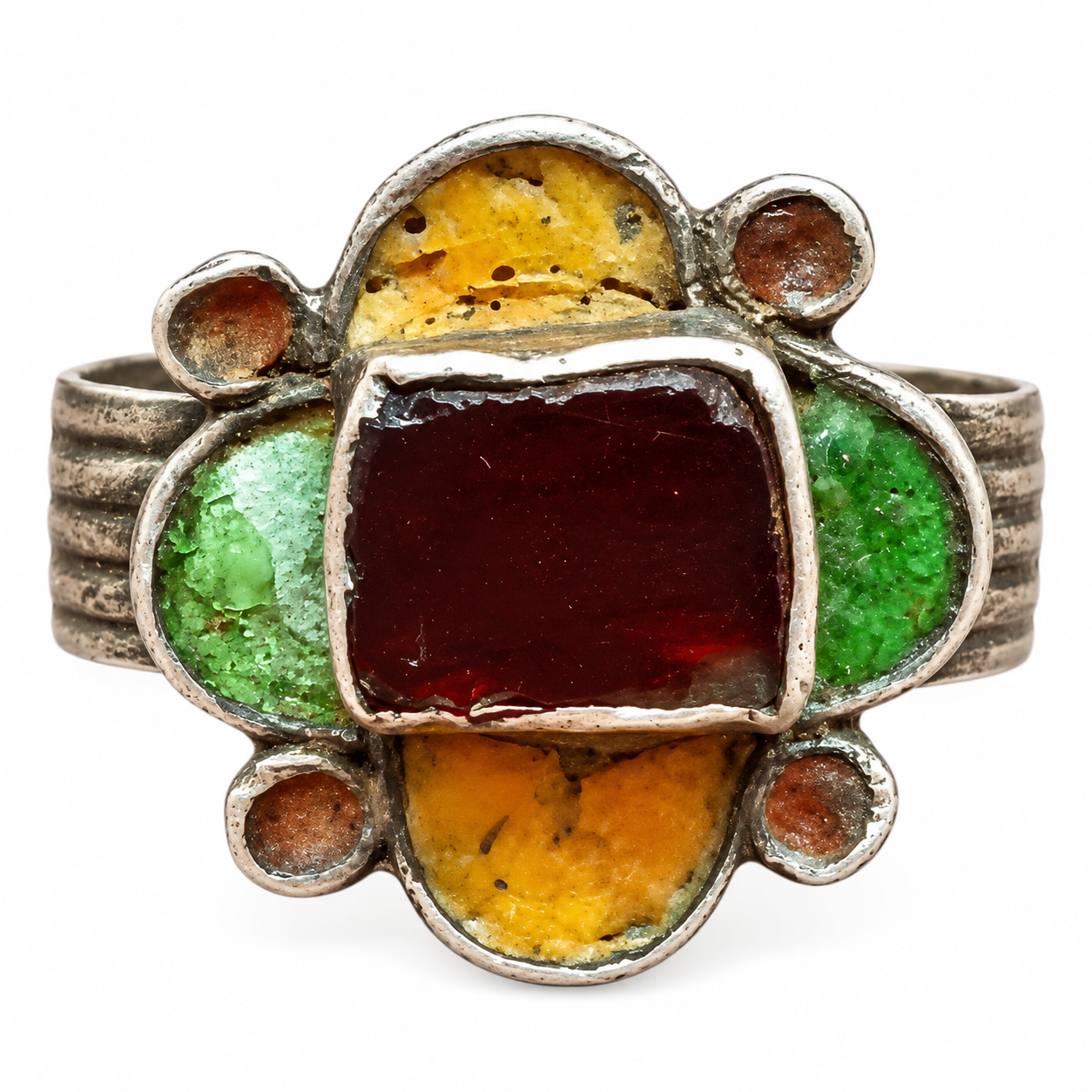 Berber Amazigh Antique Enamel Silver Ring with Red Glass Detail