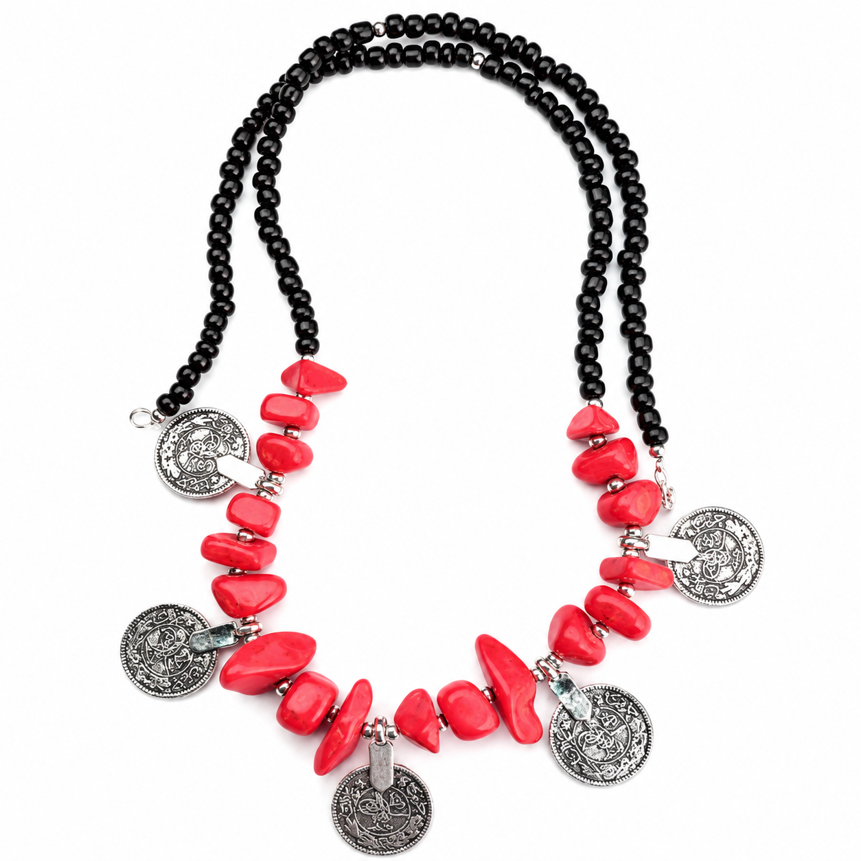 Berber Amazigh Beaded Handmade Coin Charm Statement Necklace