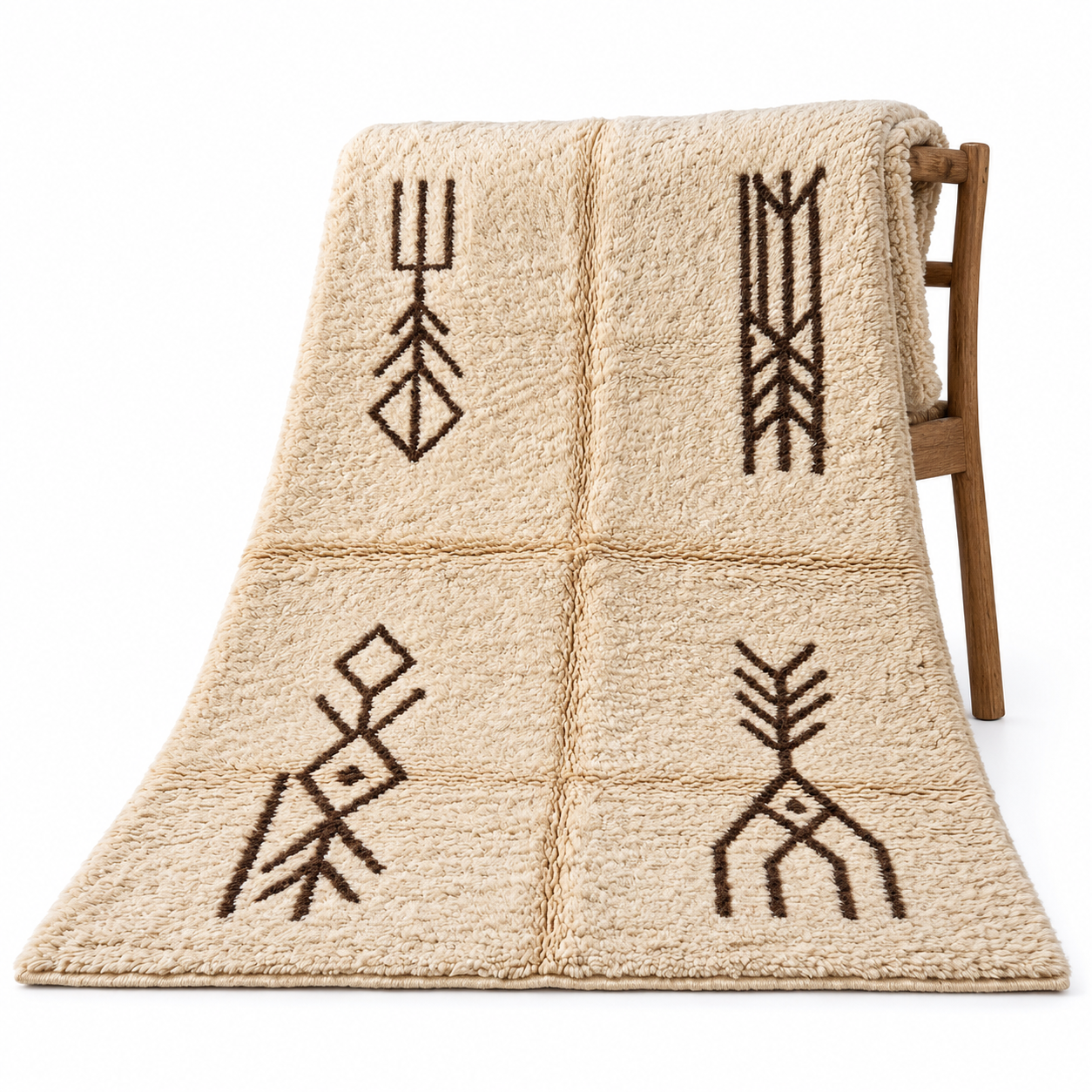 Berber Amazigh Beni Ourain Ivory Wool Rug With Tribal Symbols