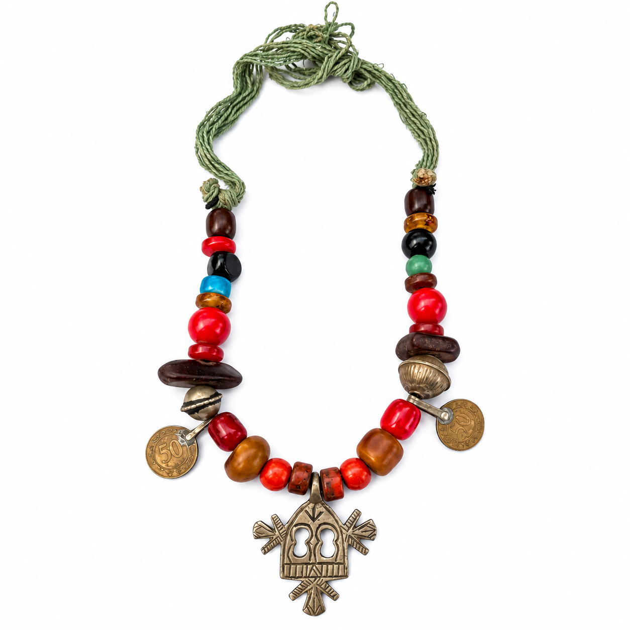 Berber Amazigh Coin Pendant Beaded Statement Necklace with Charms