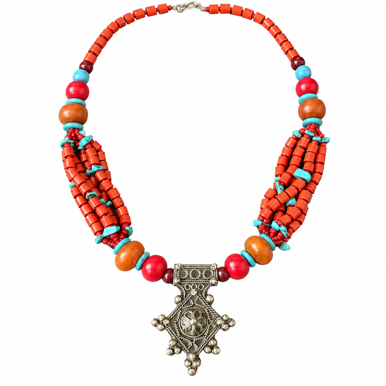 Berber Amazigh Croix de Boghdad Coral Turquoise Necklace