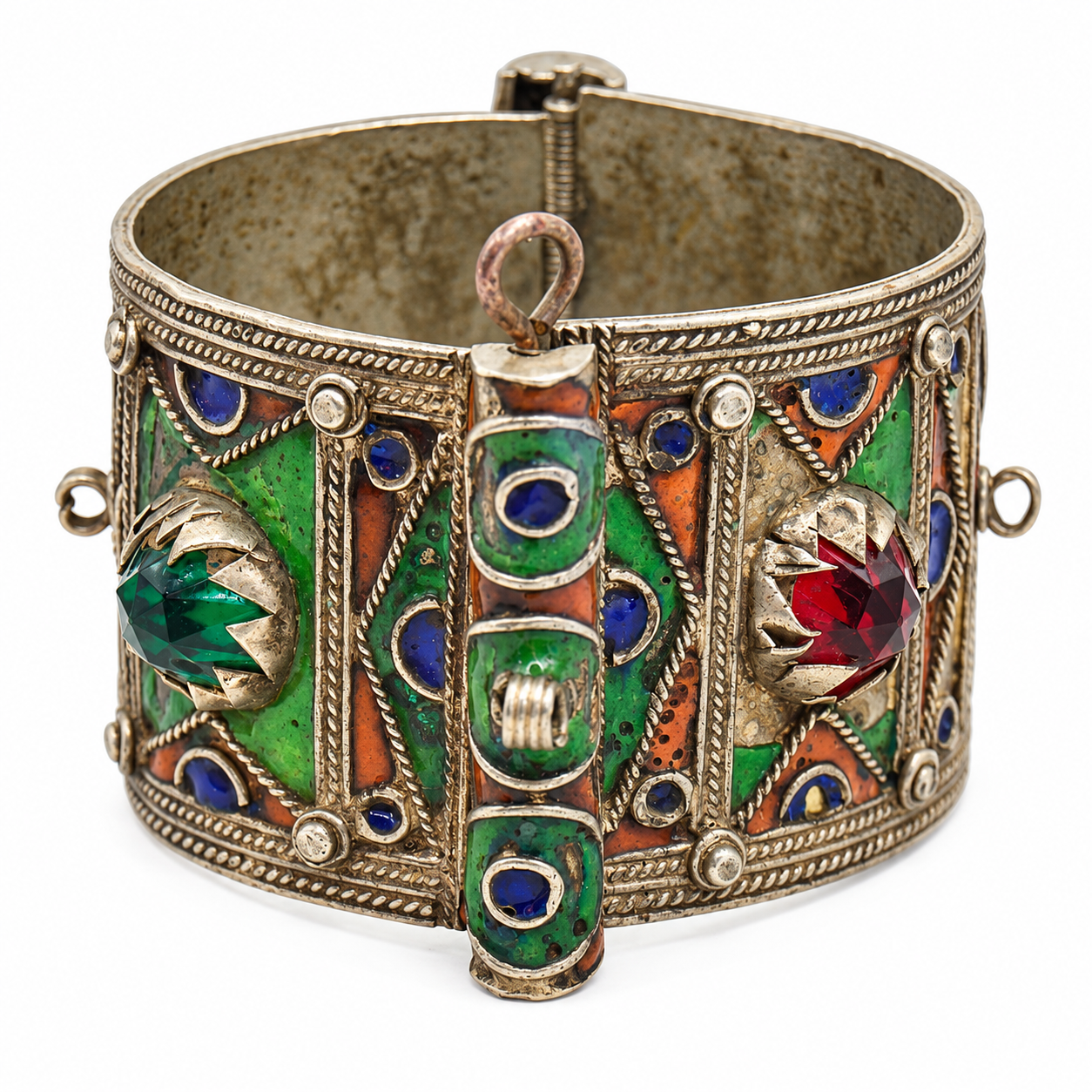 Berber Amazigh Enamel Cuff Bracelet with Red Cabochon Accents Pin Closure