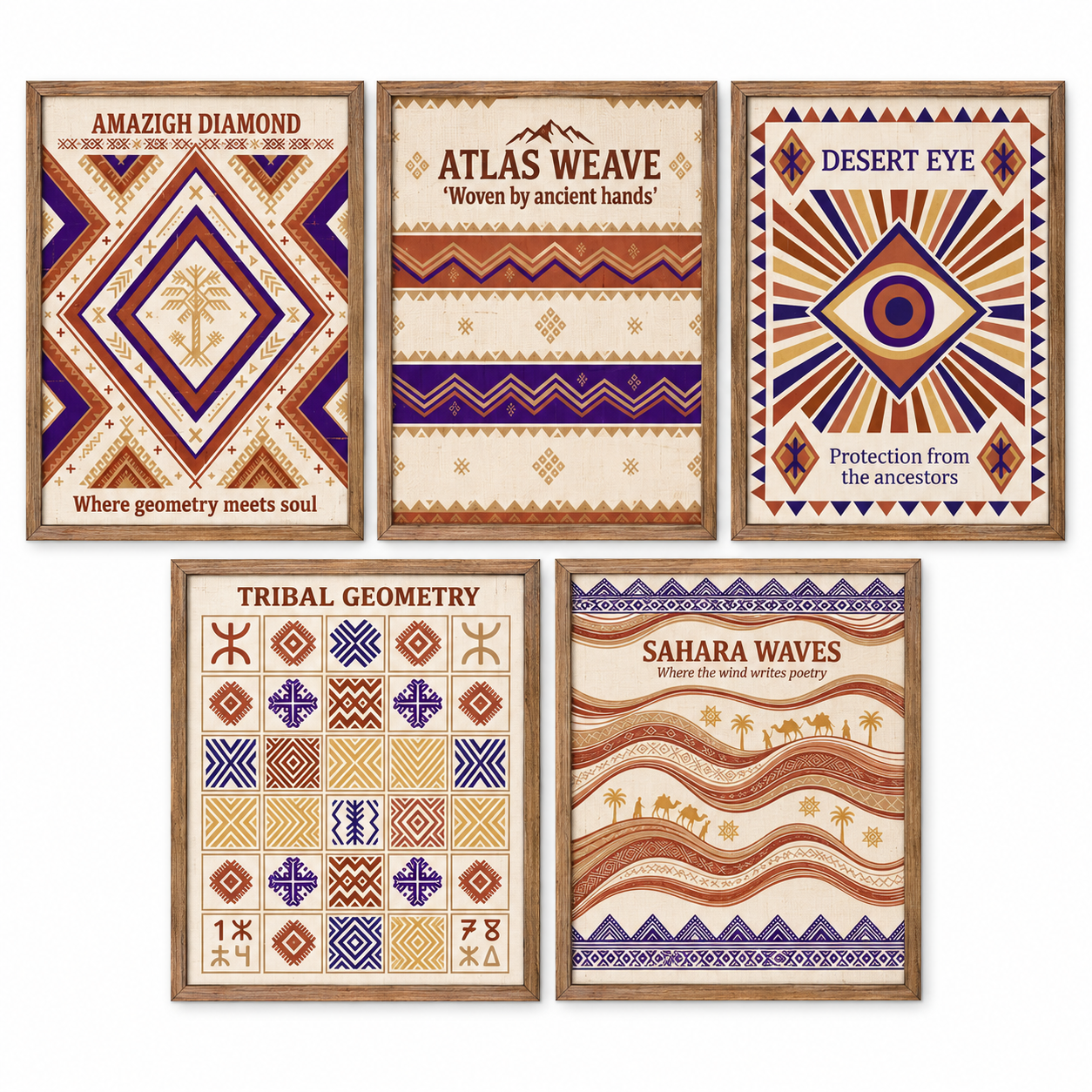 Berber Amazigh Geometric Wall Art Print Set with Textile Patterns
