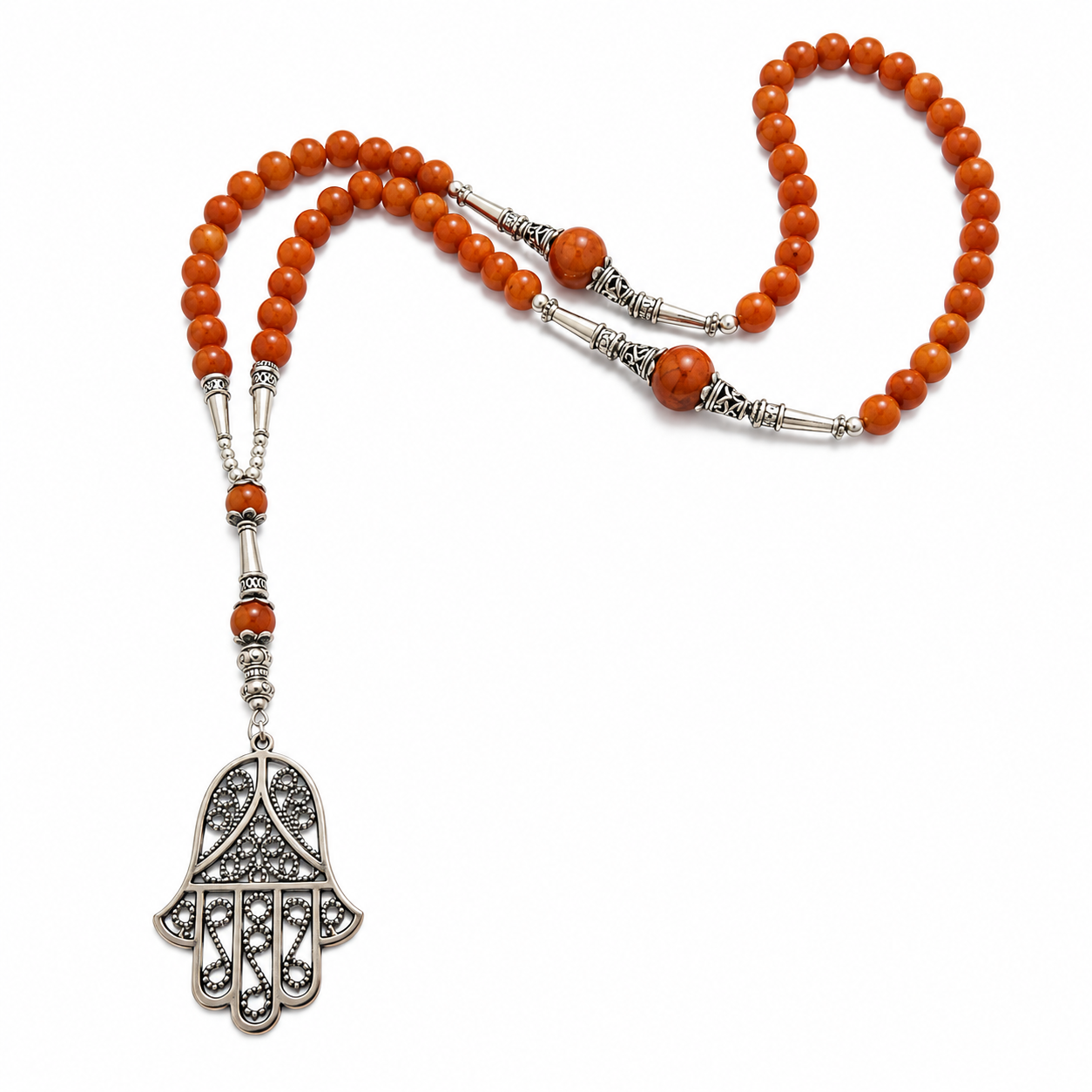 Berber Amazigh Hamsa Necklace with Imitation Amber Beaded Cord