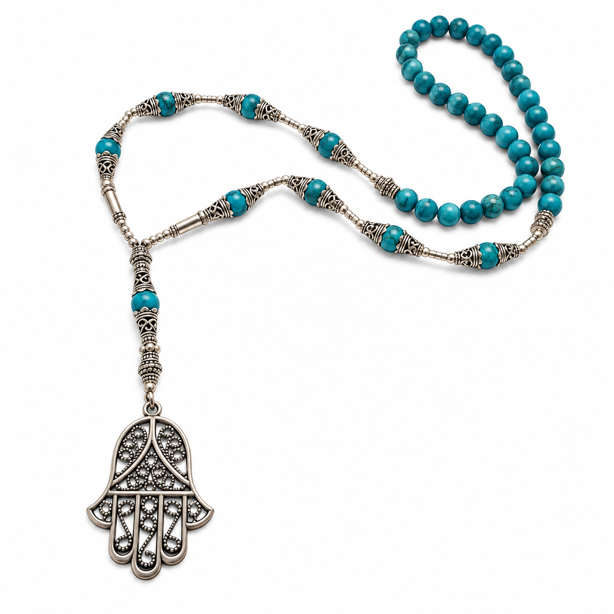 Berber Amazigh Hamsa Necklace with Turquoise Beaded Boho Cord