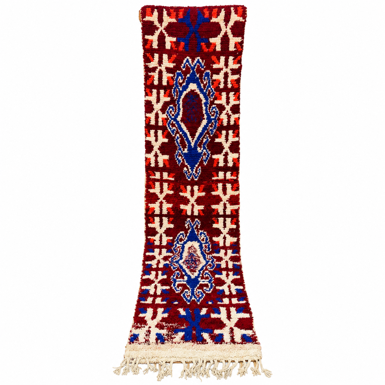 Berber Amazigh Handwoven Wool Hallway Runner Rug Red Blue Ivory
