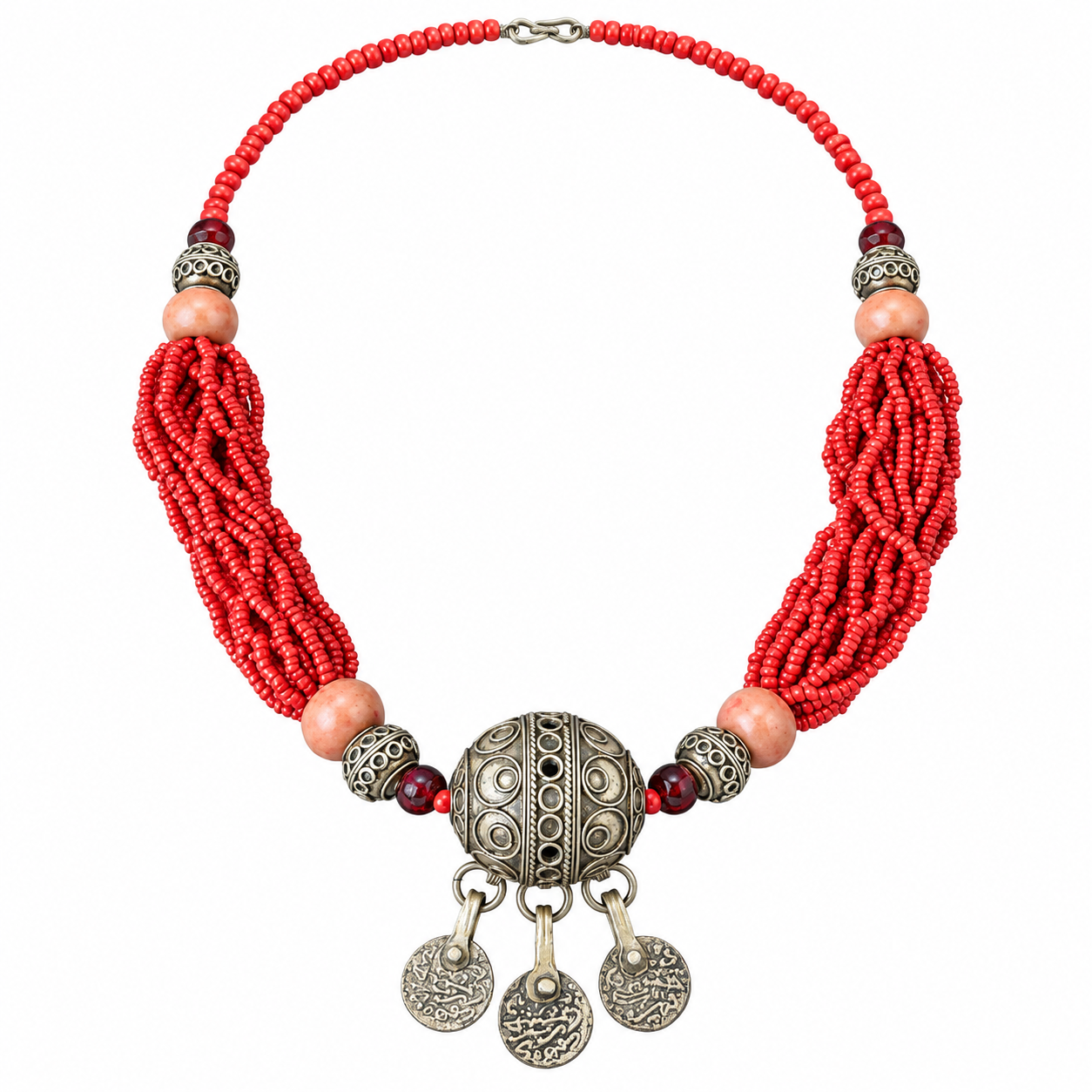 Berber Amazigh Tagmout Necklace with Coral Beads and Silver Pendant