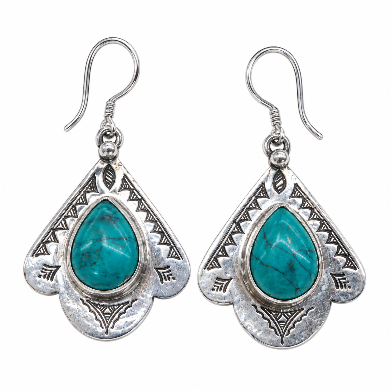 Berber Amazigh Tiznit Silver Shield Earrings with Turquoise