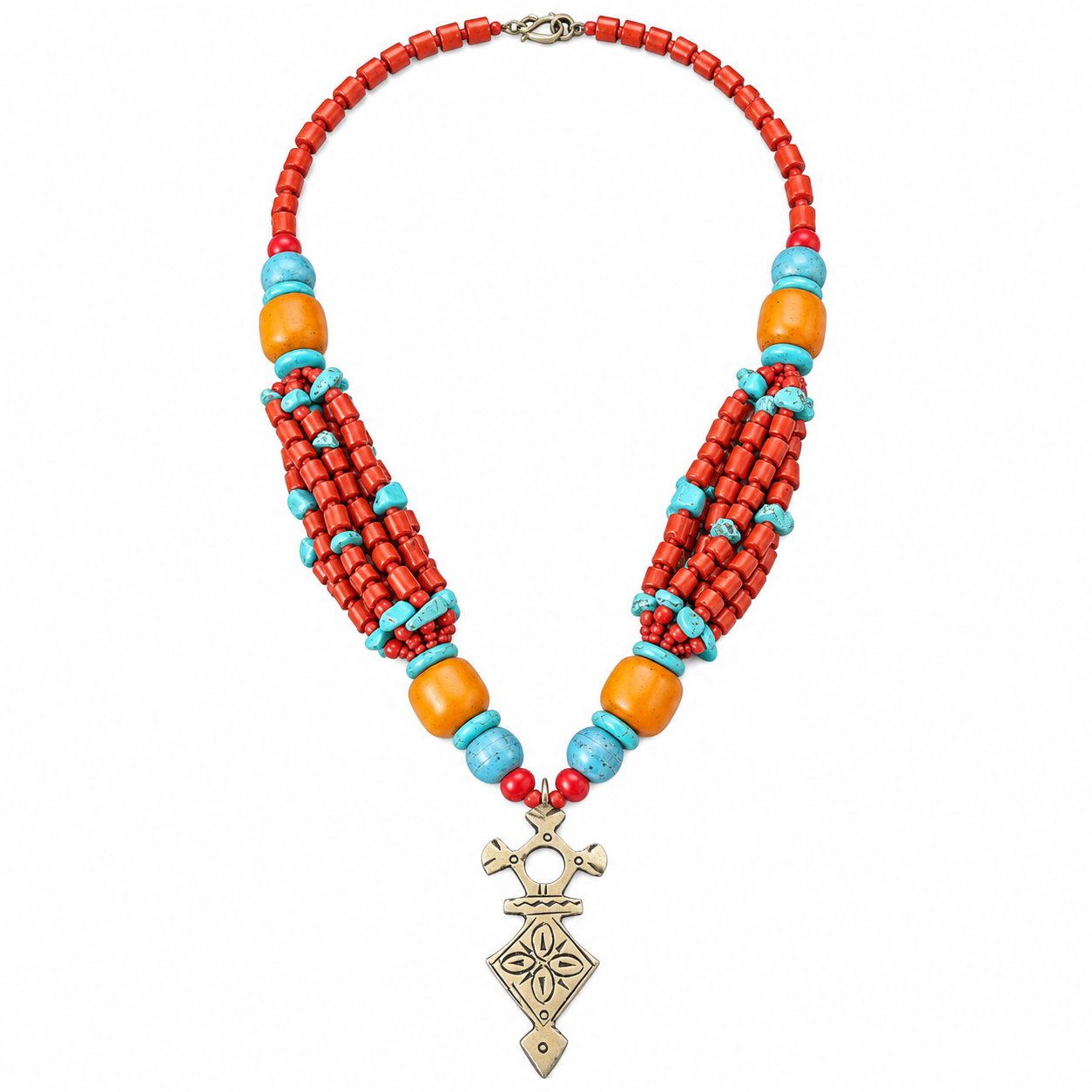 Berber Amazigh Tuareg Cross Pendant Necklace Coral Turquoise