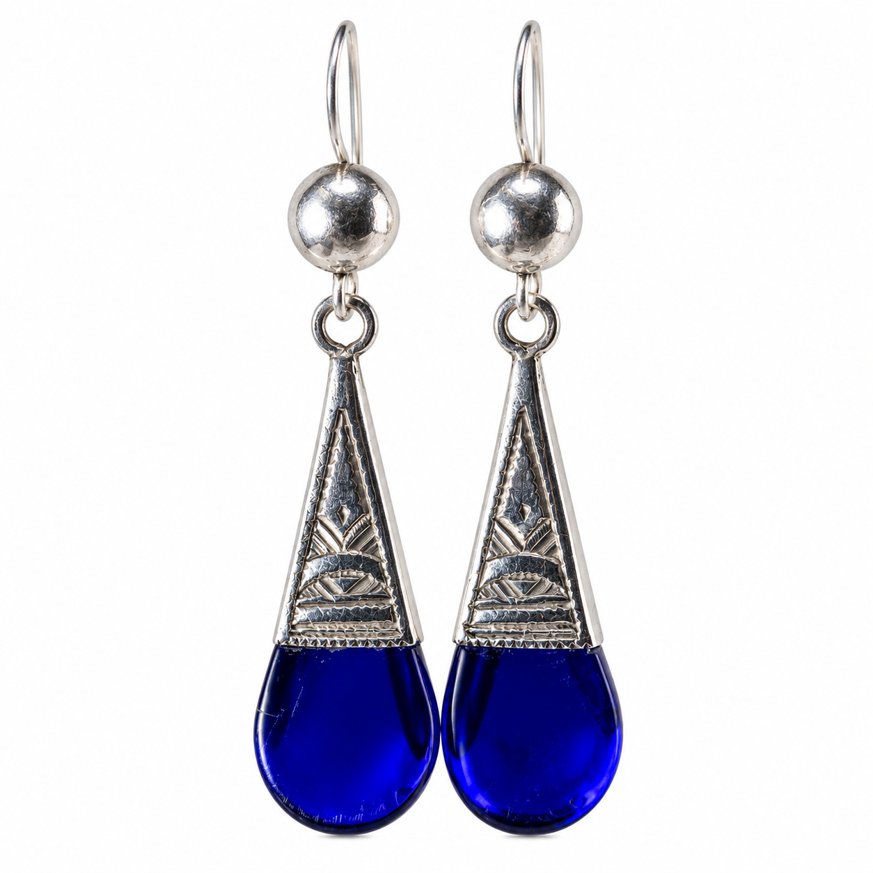Berber Amazigh Tuareg Solid Silver Blue Verre Earrings with Engraved Details