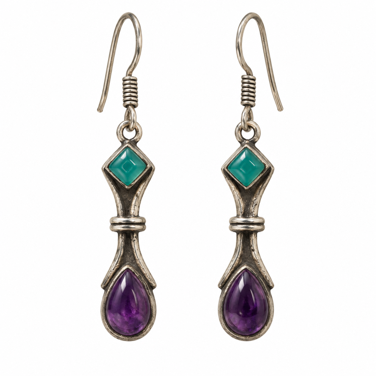 Berber Amazigh Vintage Silver Tone Drop Earrings with Green Purple Stones
