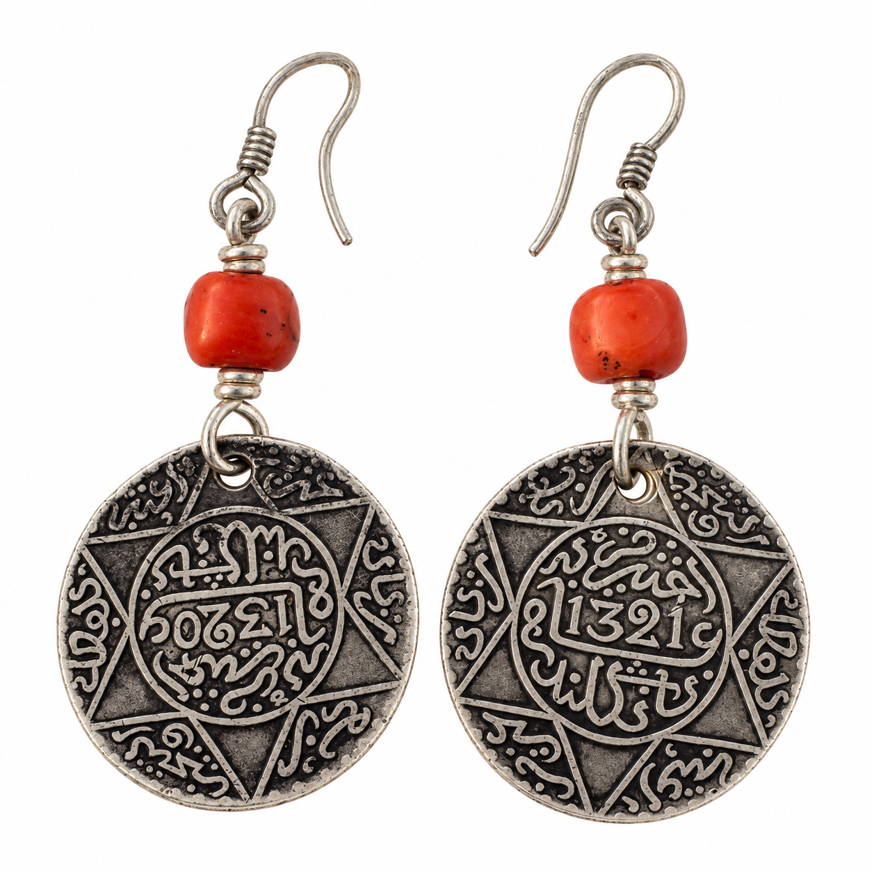 Berber Antique Coral Coin Earrings with Silver Jewelry Design